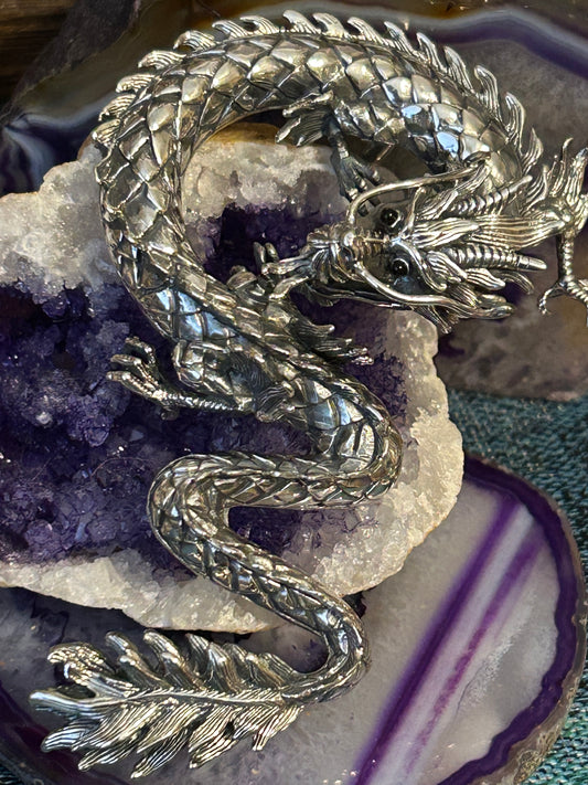 Sterling Silver Designer SOMS Huge Statement Dragon Pendant w/ Onyx Eyes