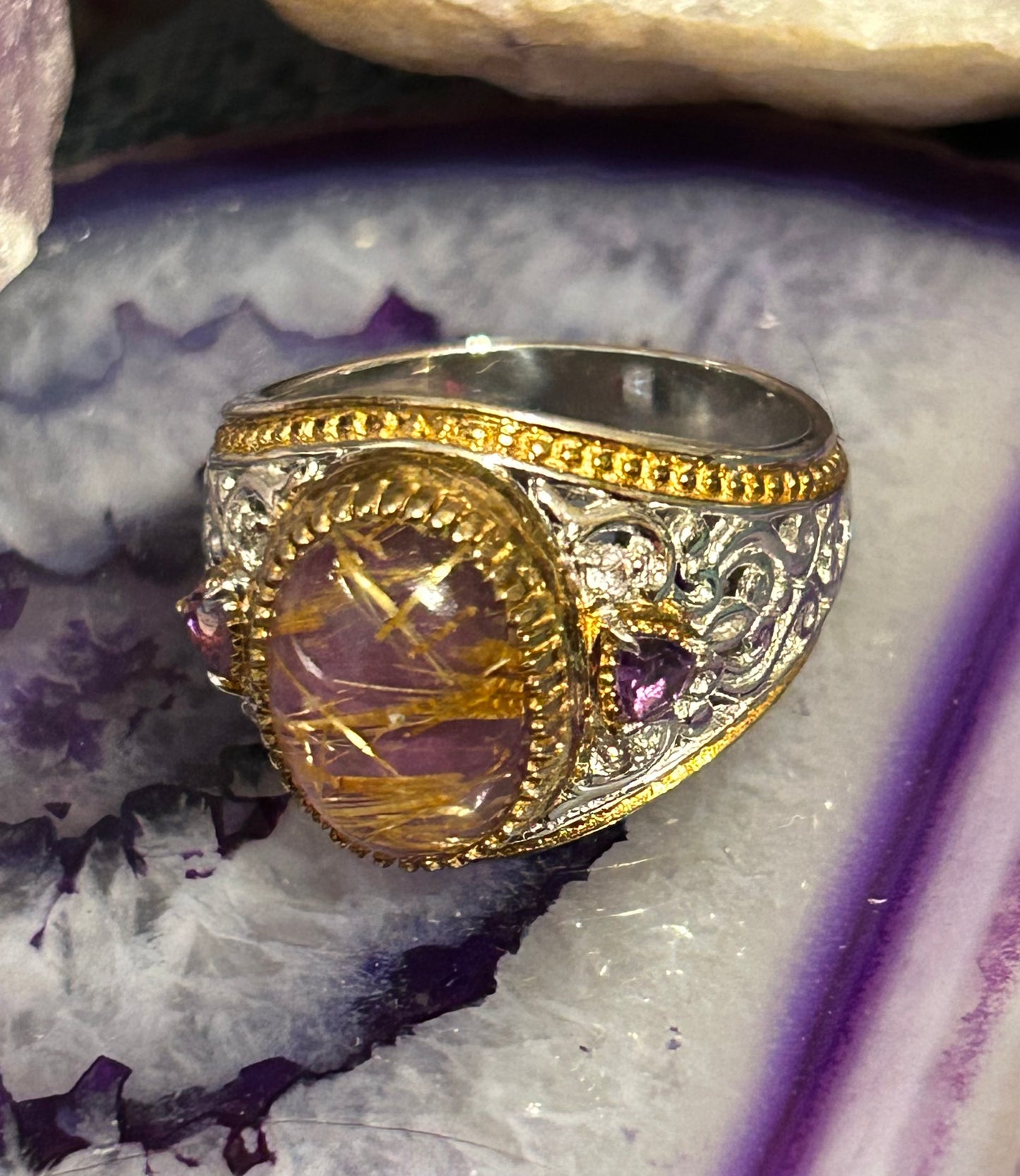 Sterling Silver NH Designer Purple Golden Rutilated Quartz & Amethyst Ring Size 11