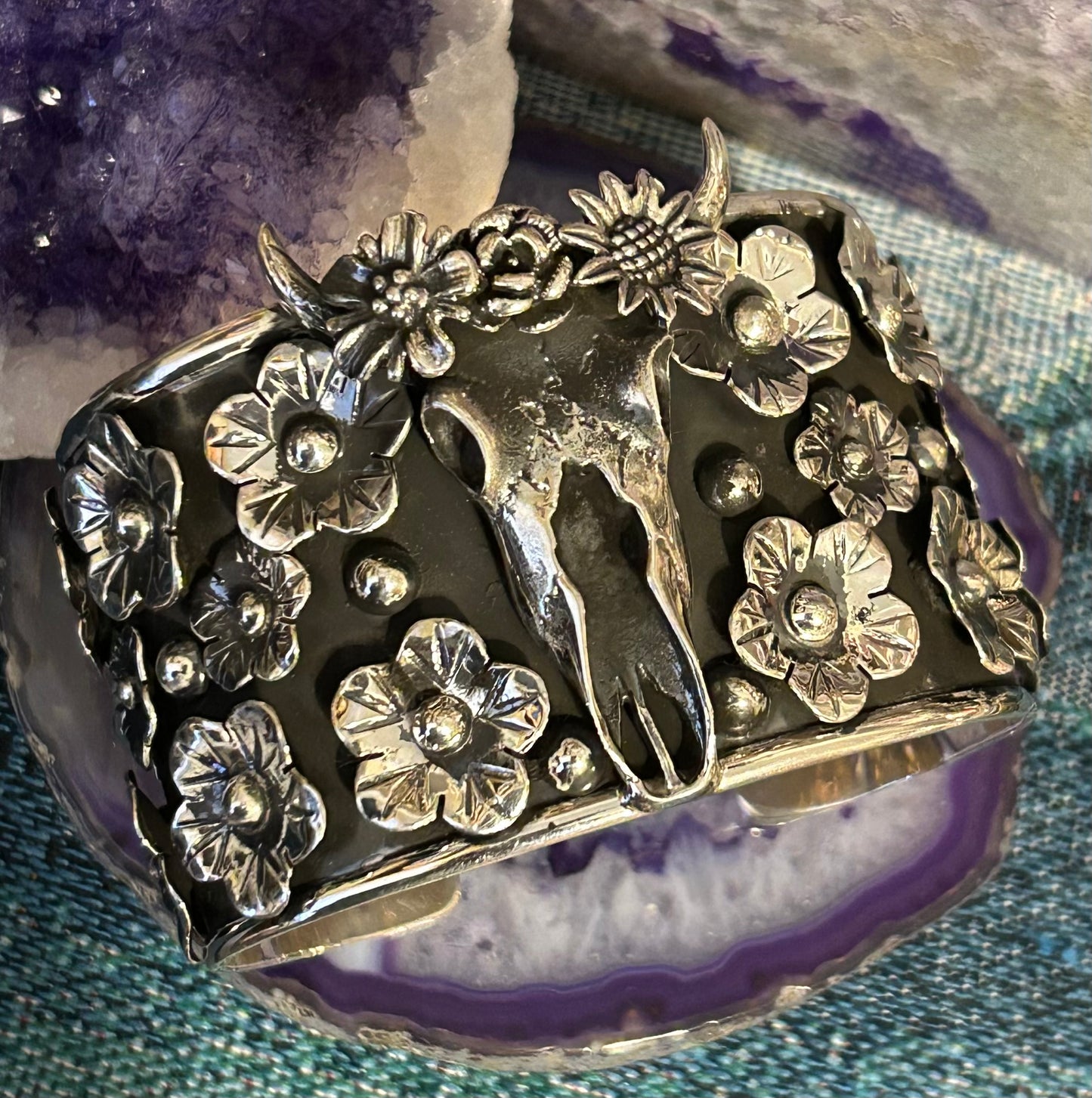 Taxco Mexico Sterling Silver Flower & Bull Skull Statement Cuff Bracelet