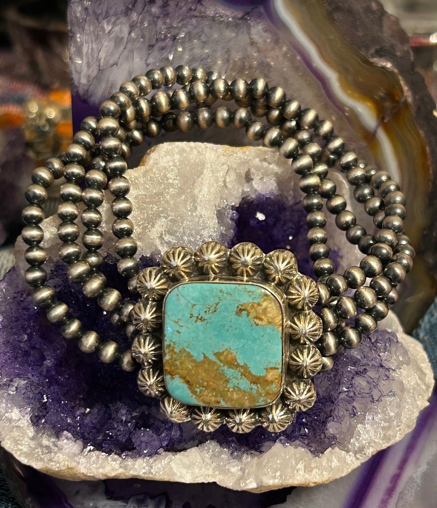 Sterling Silver Desert Pearl Ball Beads and Square Turquoise Four Band Stretch Bracelet
