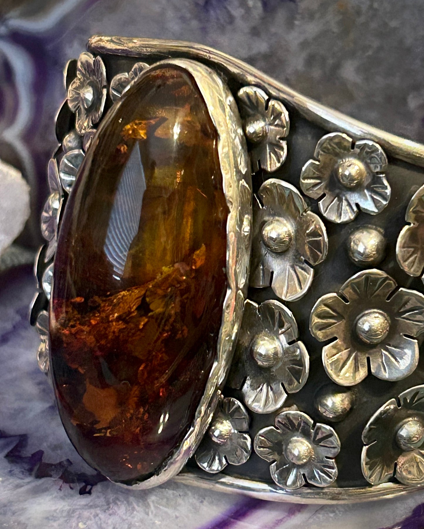 Sterling Silver Modern Taxco Mexico Statement Flowers & Baltic Amber Cuff Bracelet