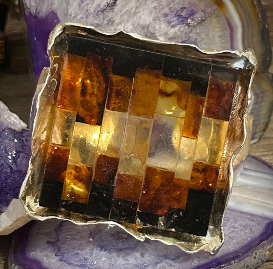 Sterling Silver & Mosaic Amber Huge Statement Cuff Bracelet