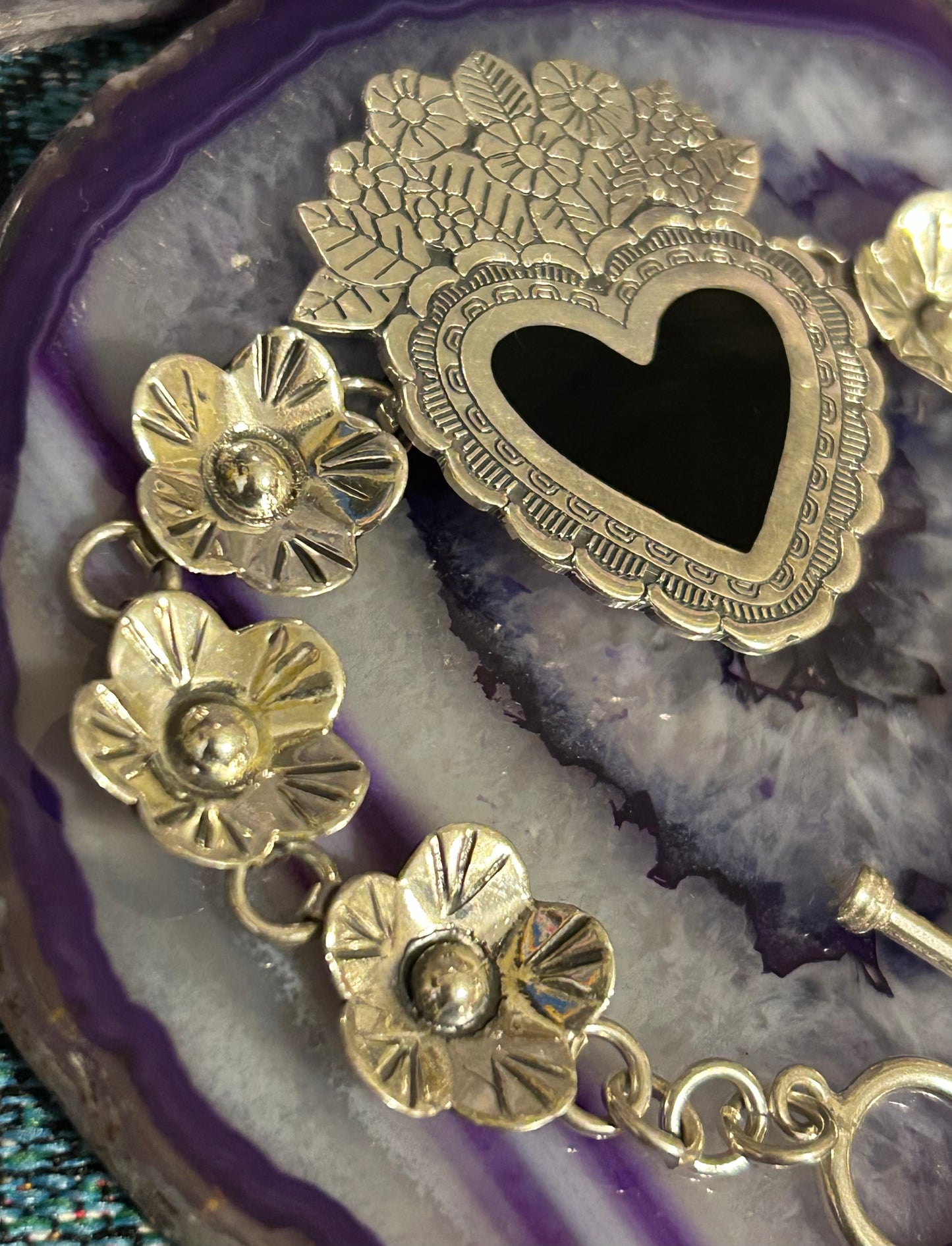 Sterling Silver Made In Taxco Flower & Heart Link Bracelet