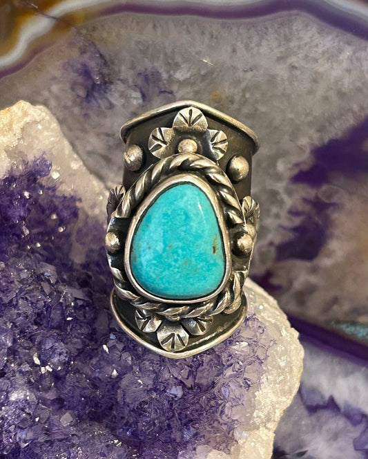 Sterling Silver Taxco Mexico Turquoise & Flowers Wide Band Statement Ring Sz 7