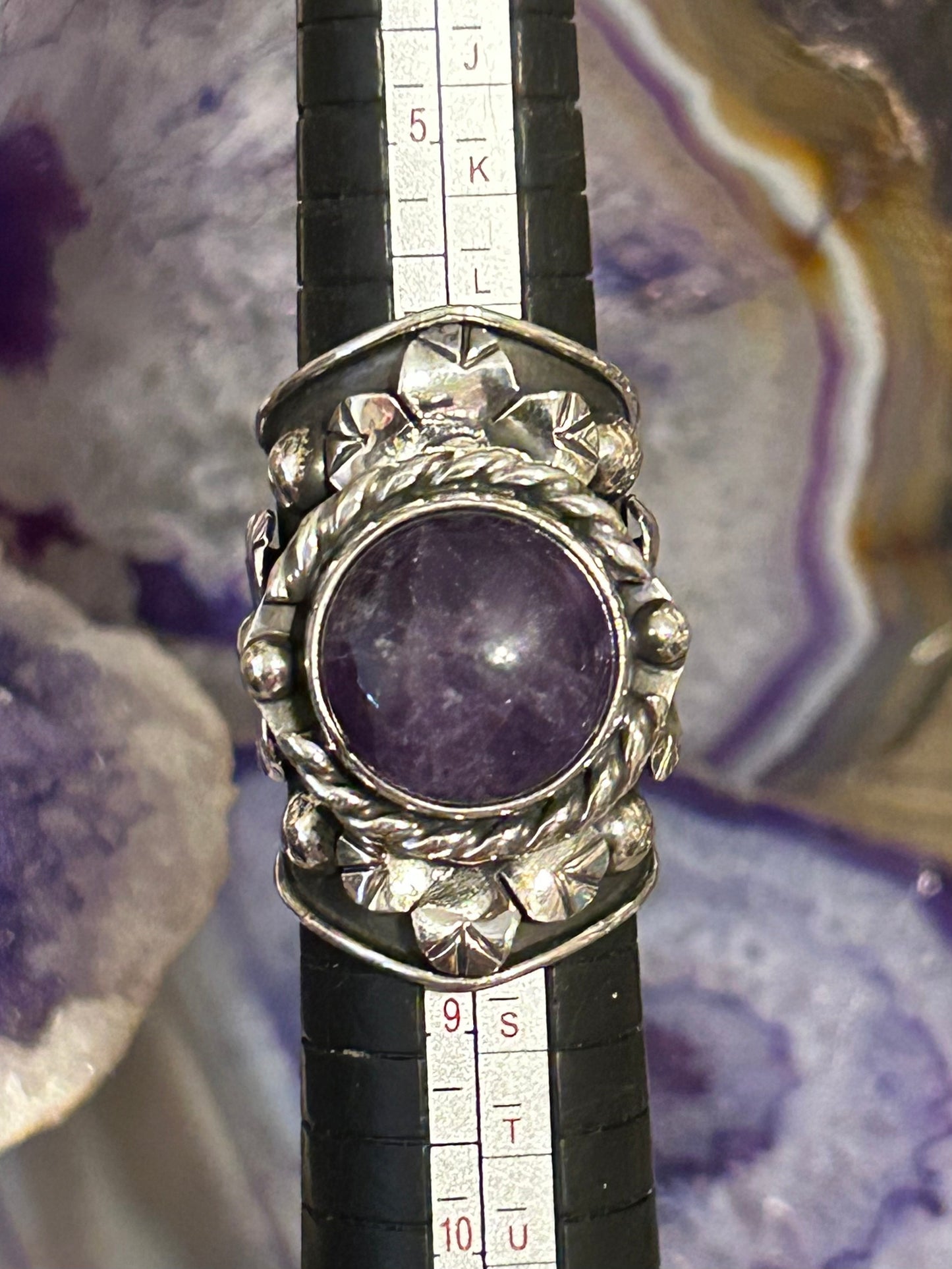 Sterling Silver Taxco Amethyst & Floral Statement Wide Band Ring • Size 7