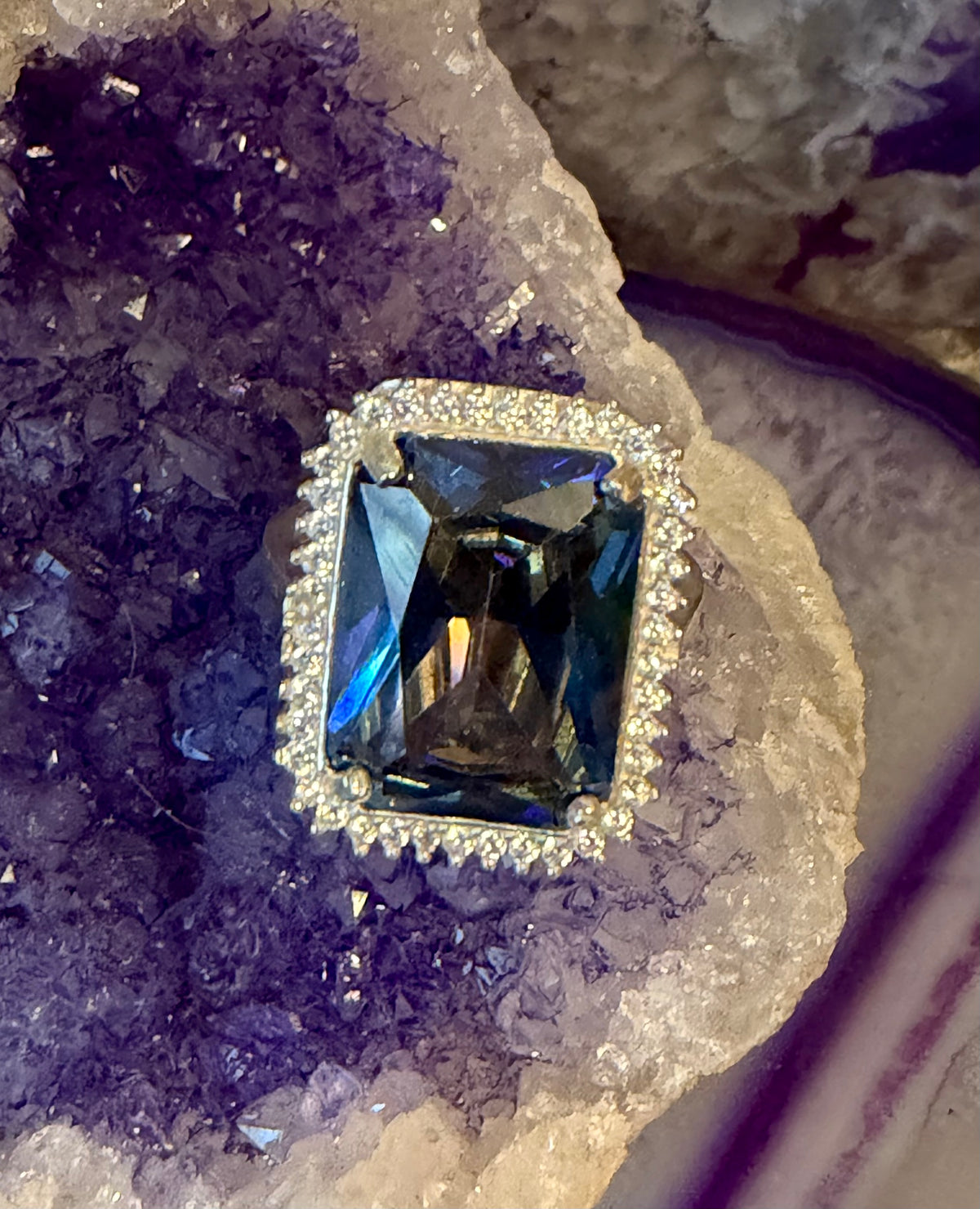 Modern Sterling Silver Large Mystic Topaz CZ Ring Size 6