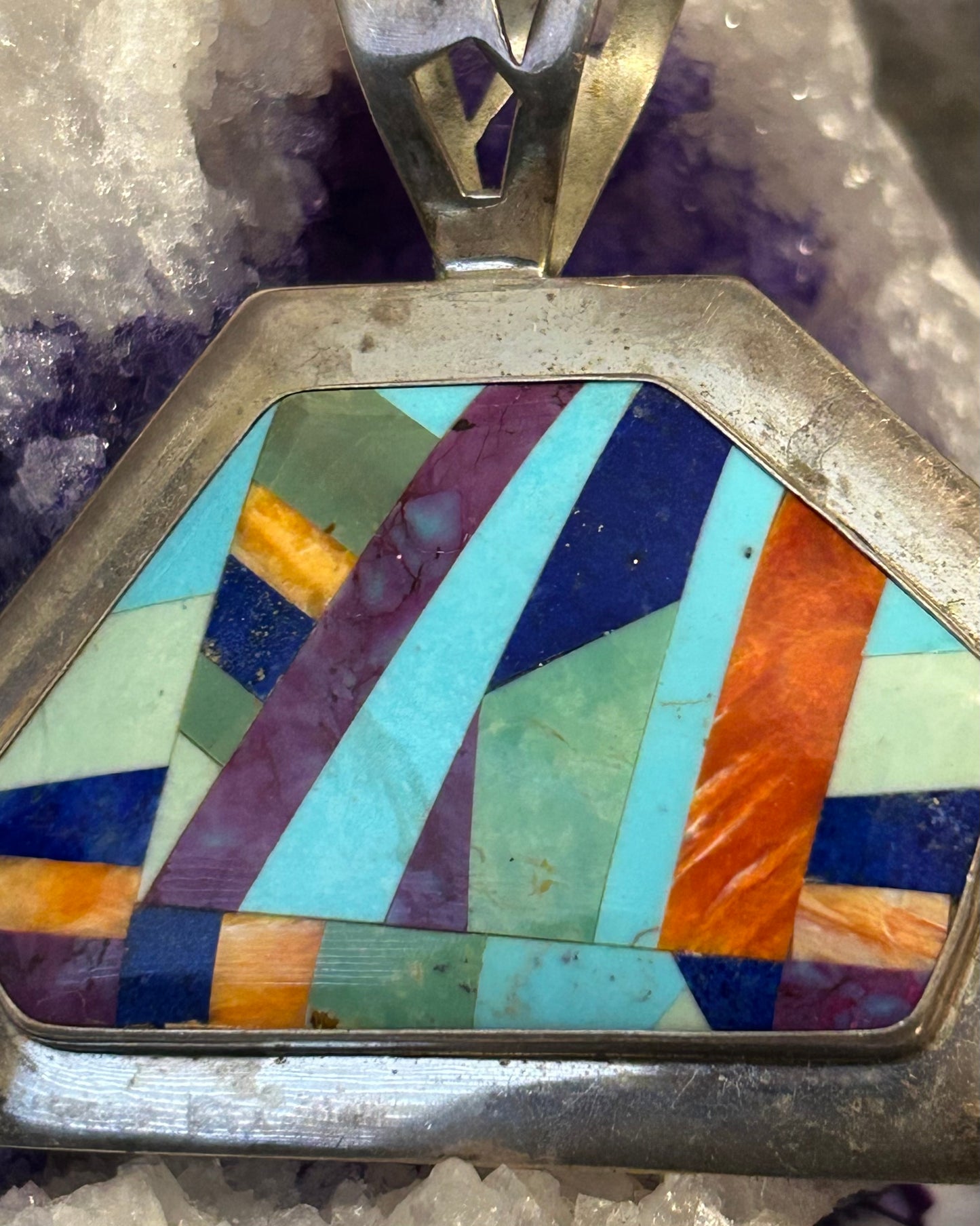 Vtg DTR 925 Sterling Silver Turquoise, Spiny, Coral Inlay Huge Statement Pendant
