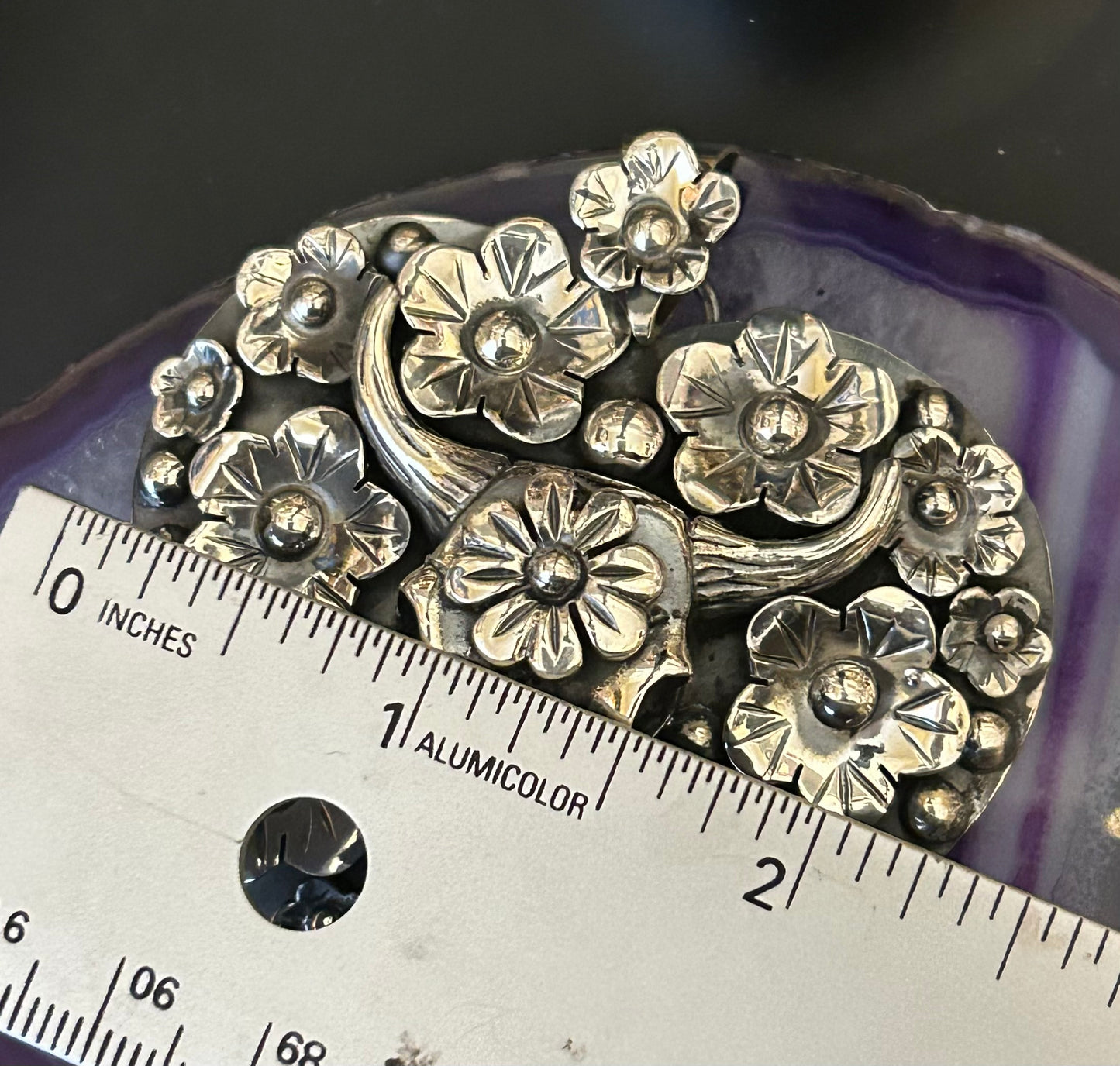 Sterling Silver Taxco Bull Skull w/ Flowers Statement Heart Pendant