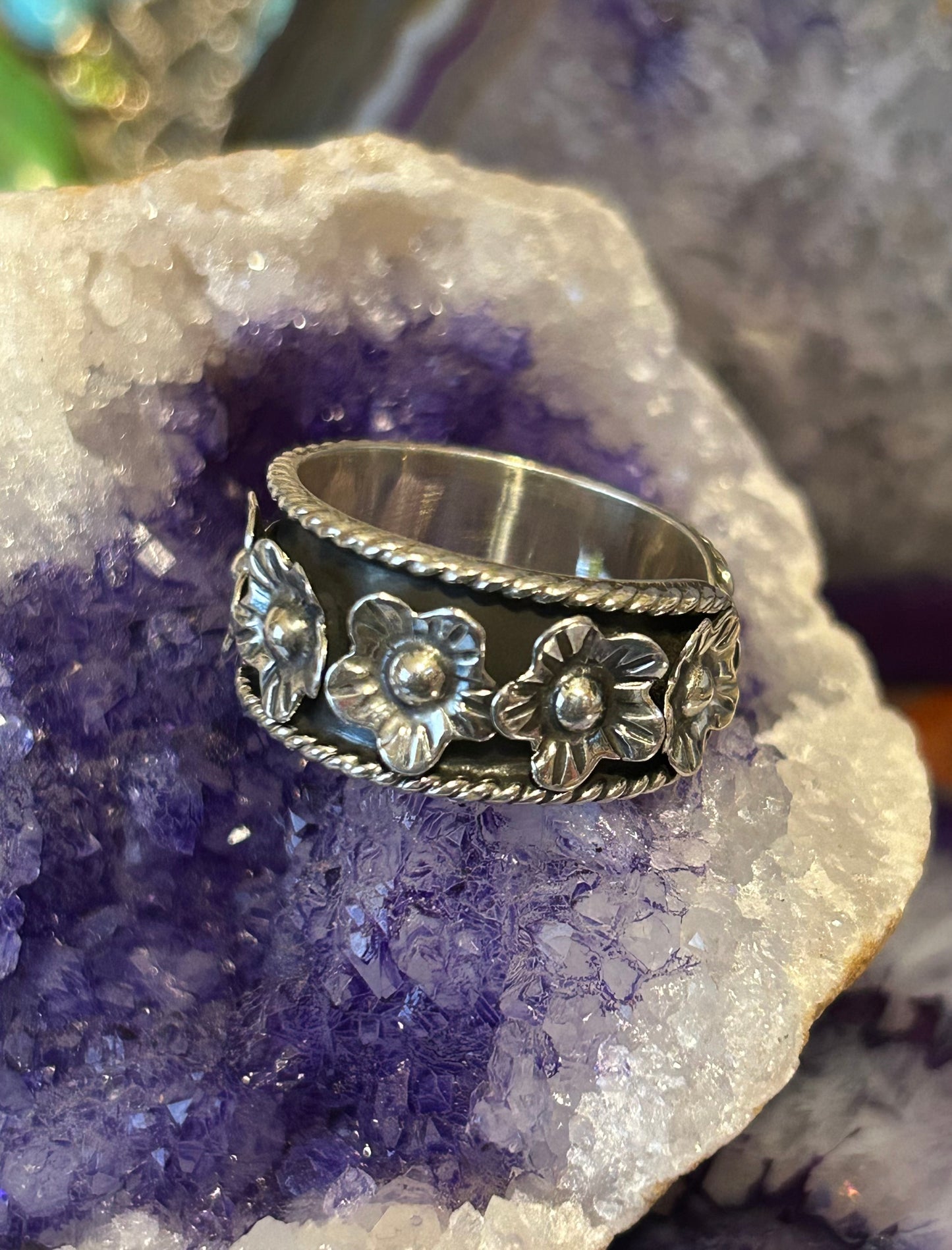 Sterling Silver Modern Taxco Flowers & Rope Band Ring Size 11-12.5