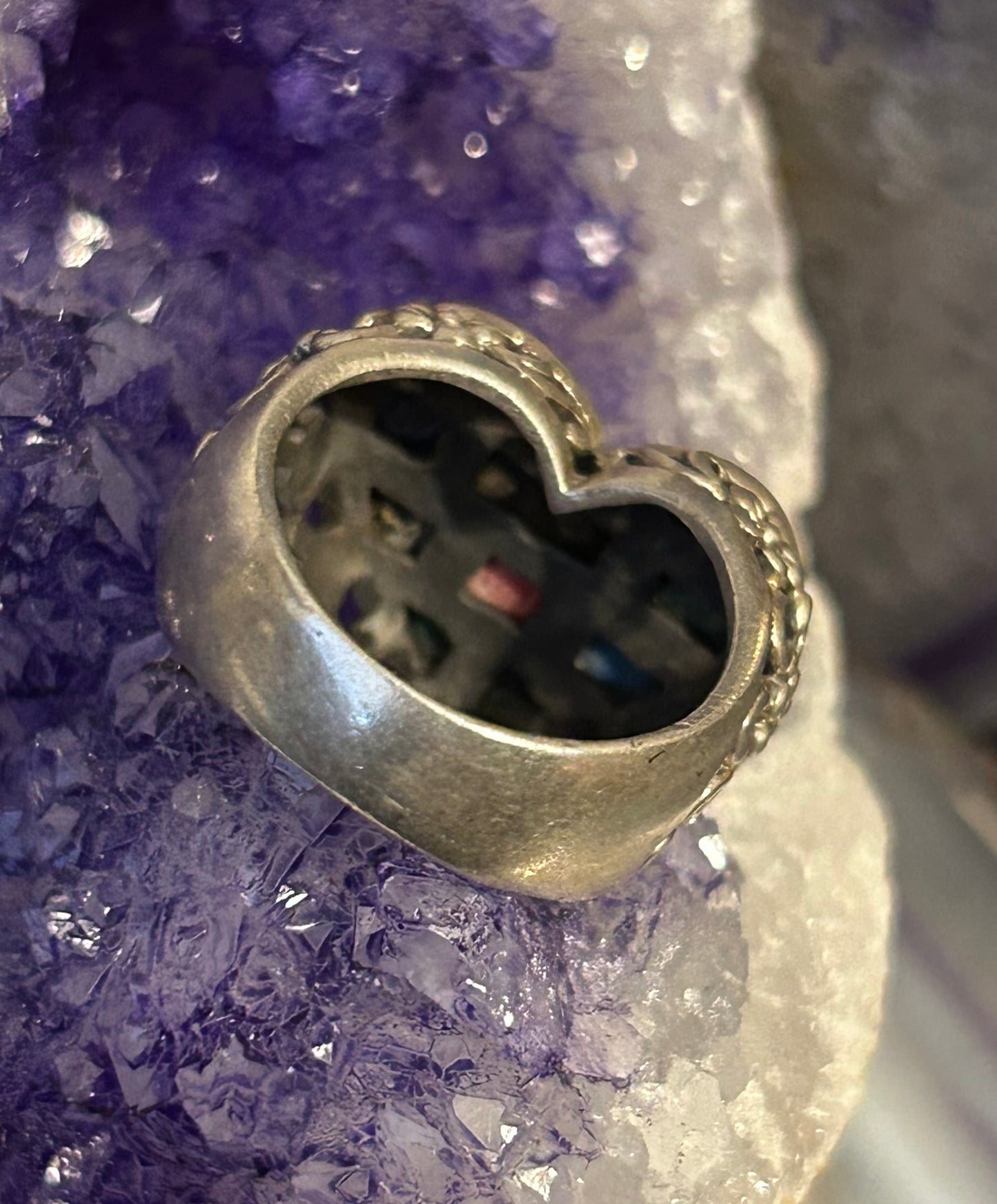 Vintage Sterling Silver Multi Stone Heart Ring w/ Flower Detailing • Size 6