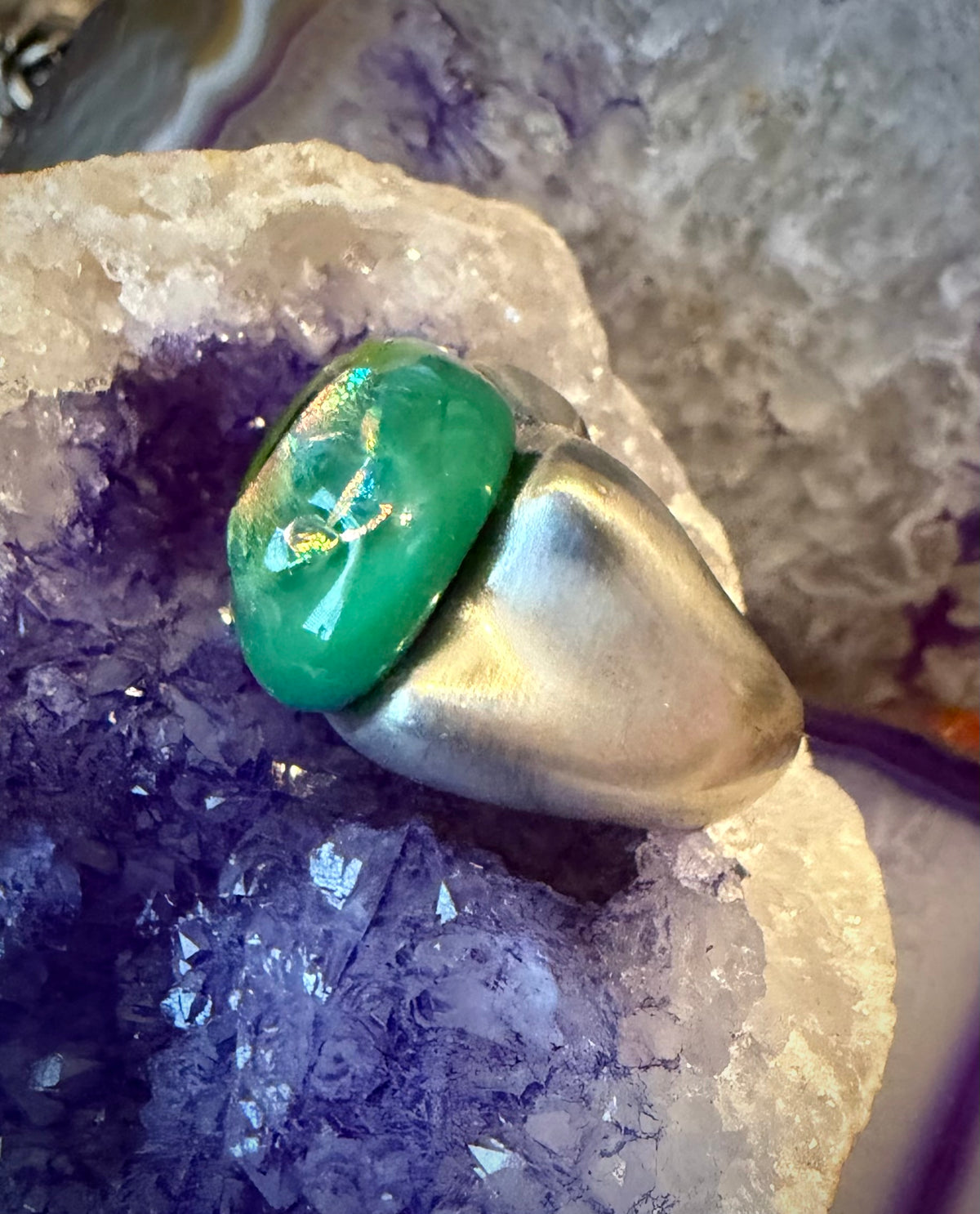 Vintage Estate Sterling Silver Dichroic Glass Dragon Eye Looking Ring Sz 6