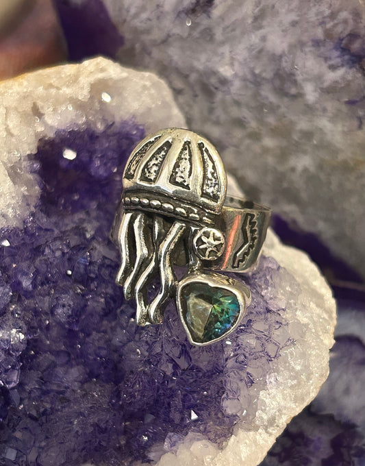 Sterling Silver Modern Taxco Mexico Jellyfish & Zircon Heart Ring Adjustable