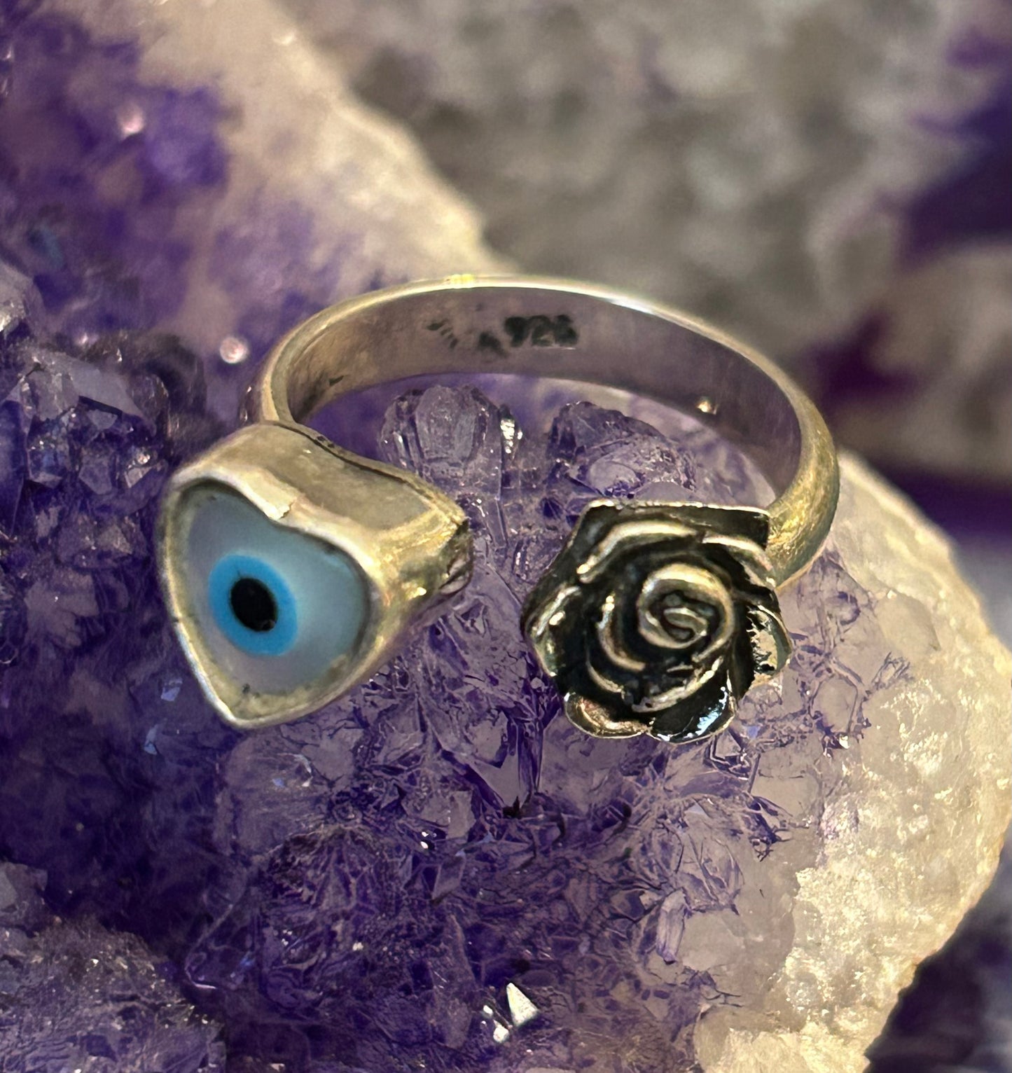 Sterling Silver Taxco Mexico All Seeing Eye Heart & Rose Bypass Ring Size 7-8.5