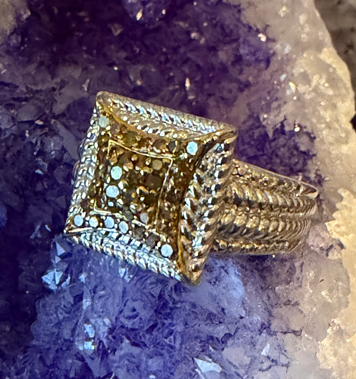 Sterling Silver 925 Genuine Orange Diamonds Ring w/ Rope Detailing Size 6