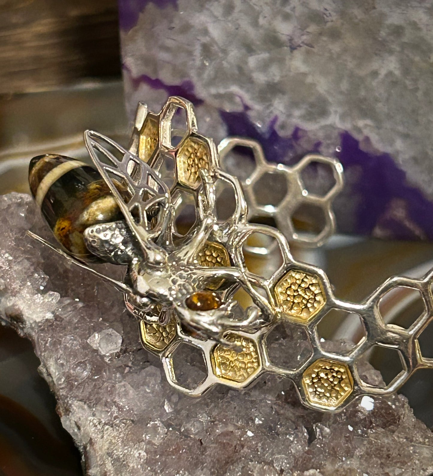 Sterling Silver & Genuine Amber Bee Honeycomb Cuff Bracelet