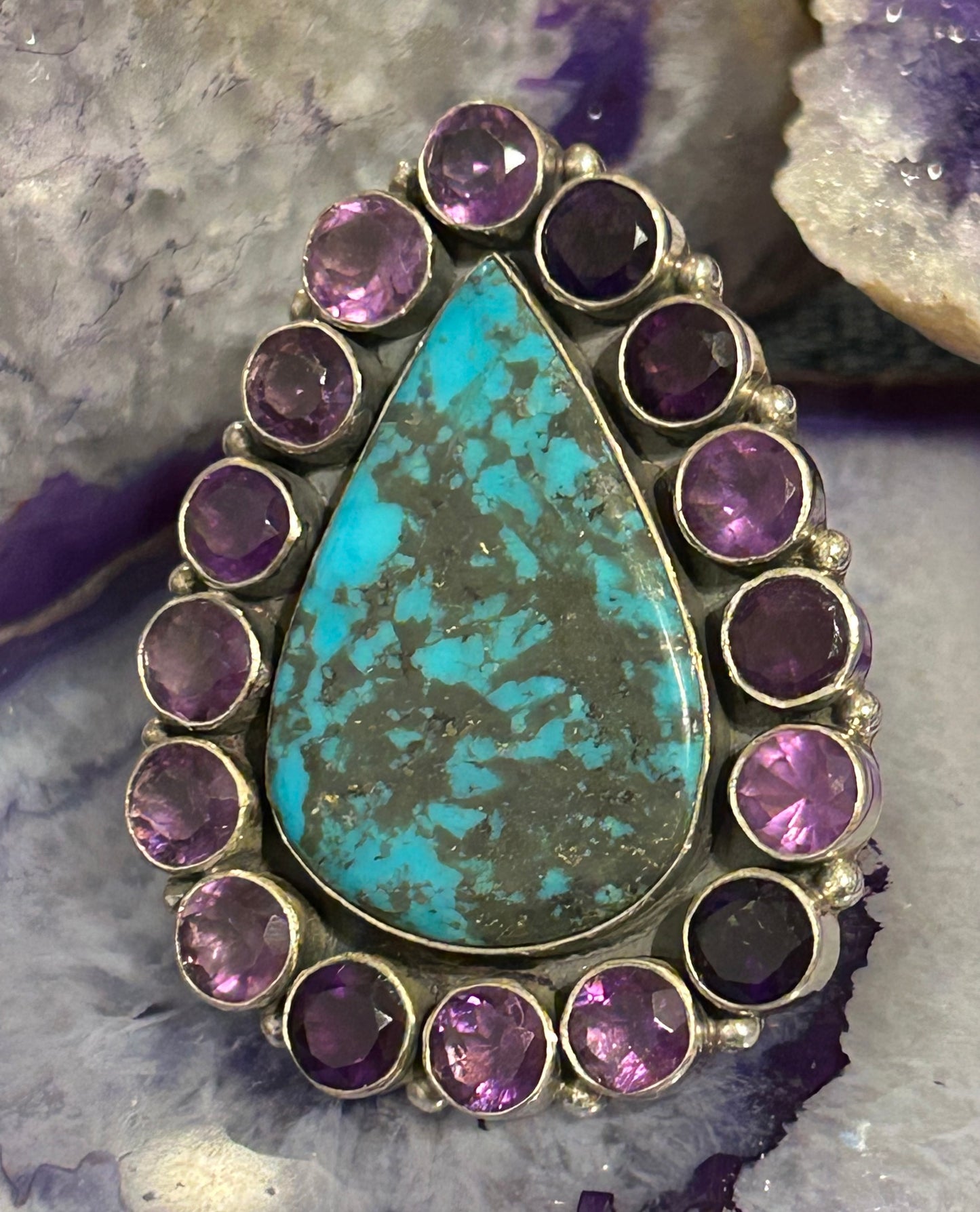 Sterling Silver Turquoise & Amethyst Multi Stone Statement Ring Size 9