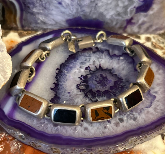 Vintage Sterling Silver Taxco Mexico Jasper, Onyx Inlay Chunky Link Bracelet