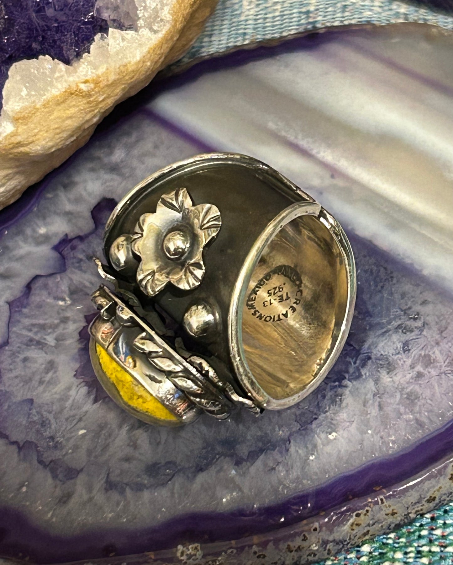 Sterling Silver Taxco Mexico Large Bumblebee Jasper & Flower Wide Ring 6.5-8.5
