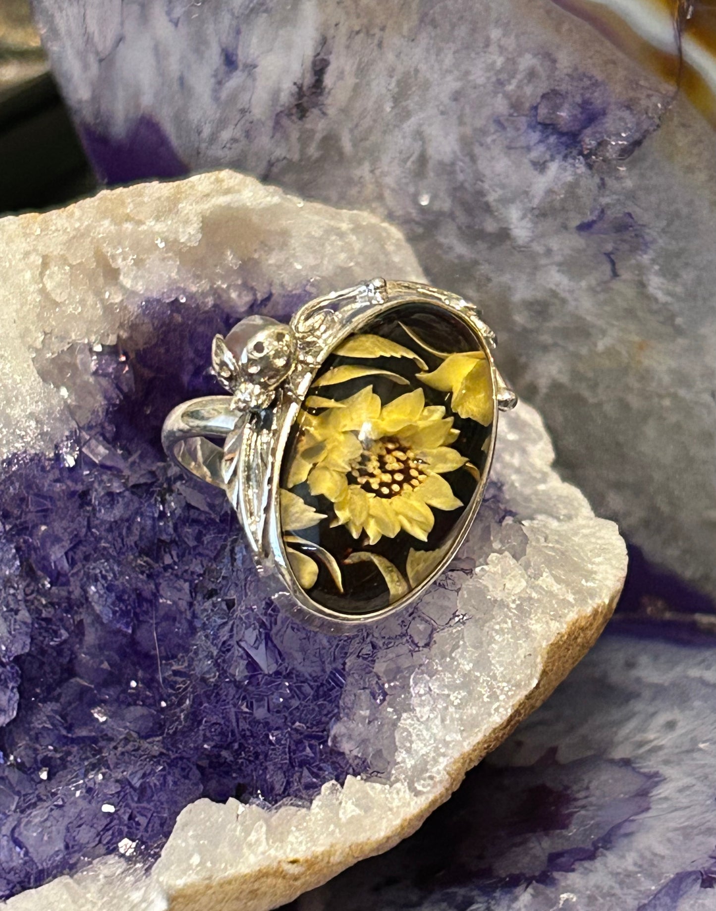 Sterling Silver Carved Amber Ring With Flowers & Amethyst Lady Bug • Adjustable