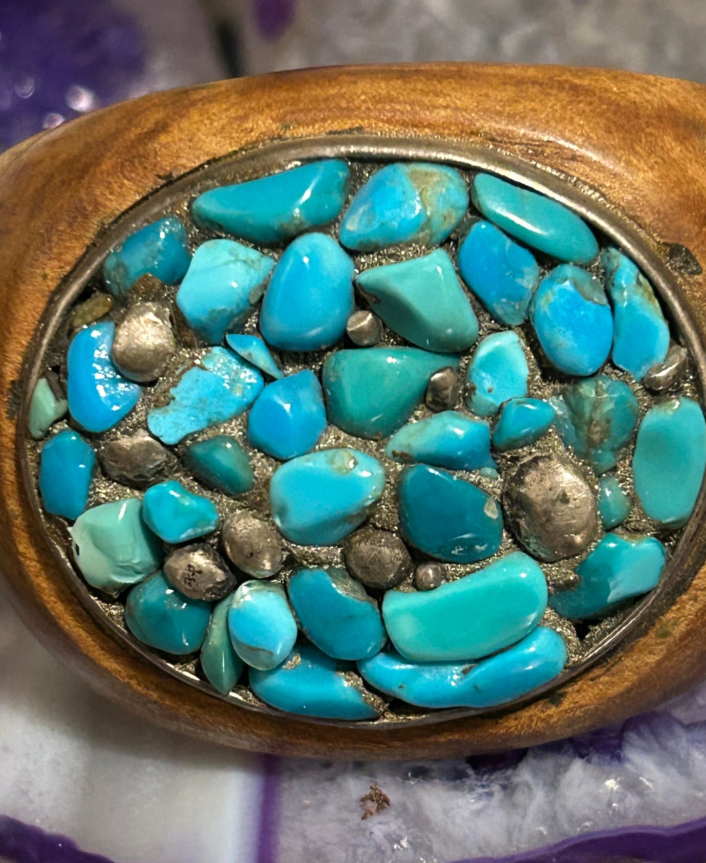 Vintage Unique Wood Cuff Bracelet With Sterling Silver & Turquoise