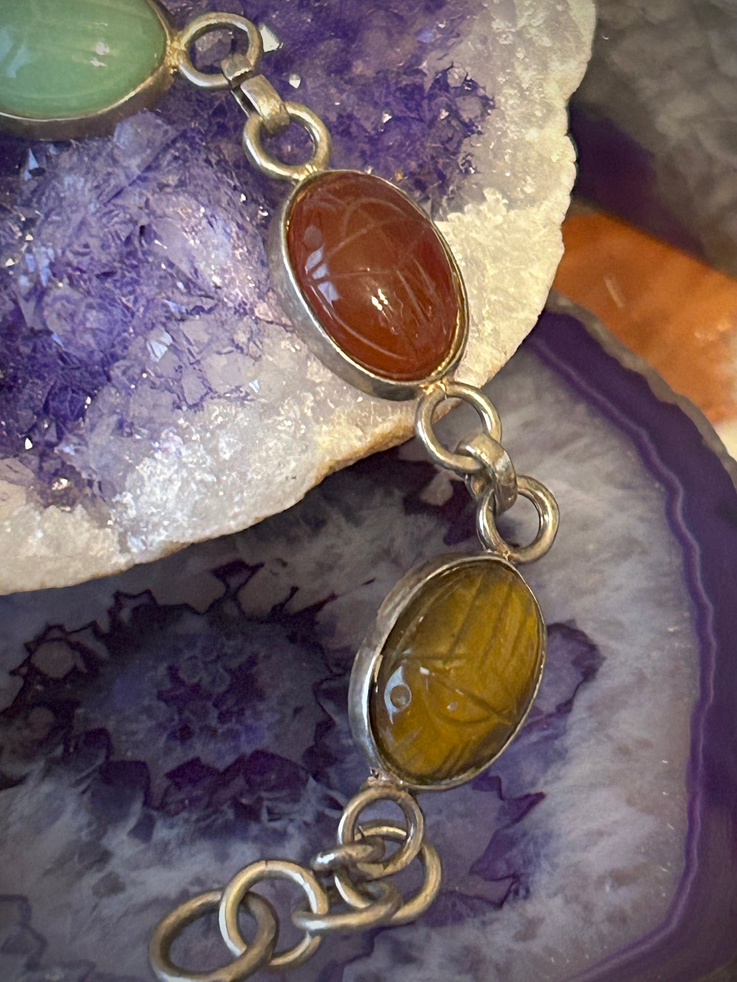 Vintage Sterling Silver Carved Scarab Beetle Stones Link Bracelet