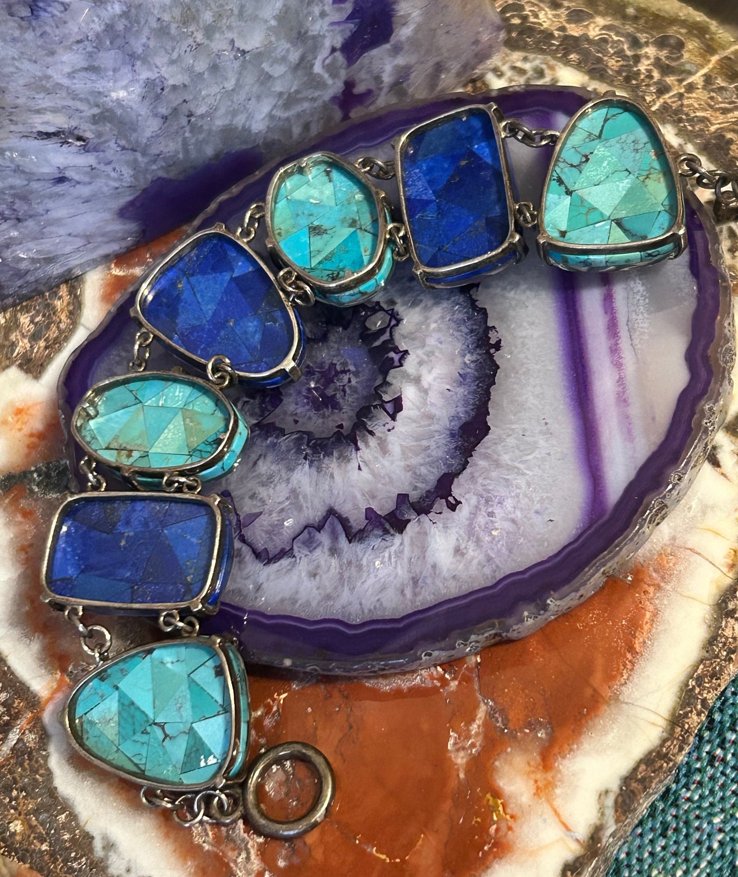Vintage Whitney Kelly Sterling Silver Faceted Lapis & Turquoise Link Bracelet