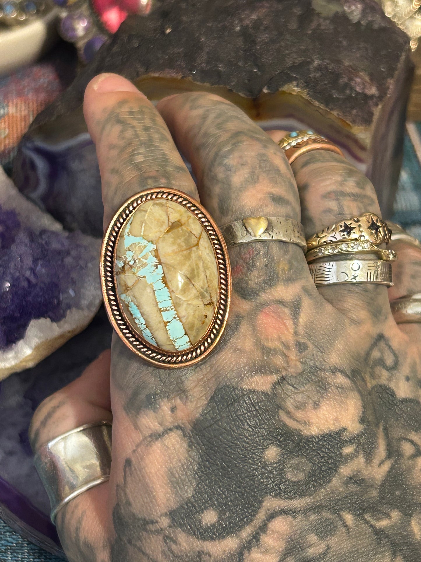 Blue Ribbon Roysten Turquoise & Copper Adjustable Statement Ring