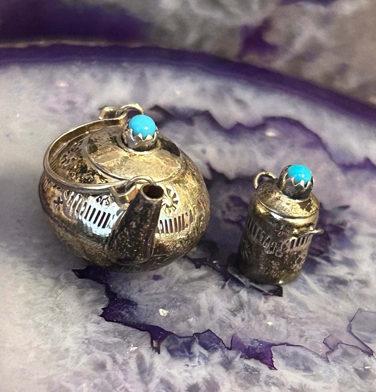 Vintage Sterling Silver Native American Collectable Tiny Teapot Set w/ Turquoise