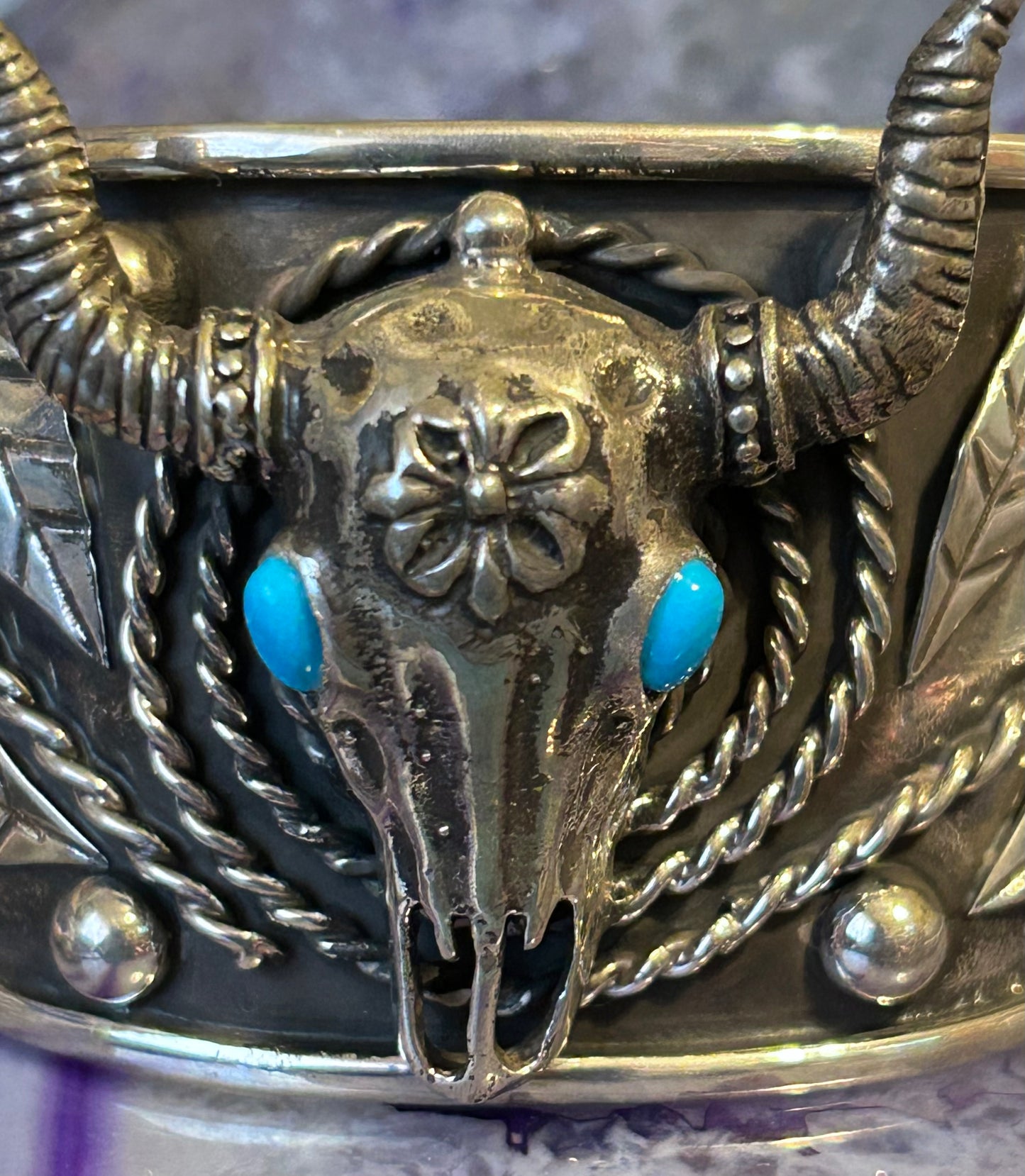Taxco Mexico Sterling Silver Leaves & Bull Skull w/ Turquoise Statement Cuff Bracelet