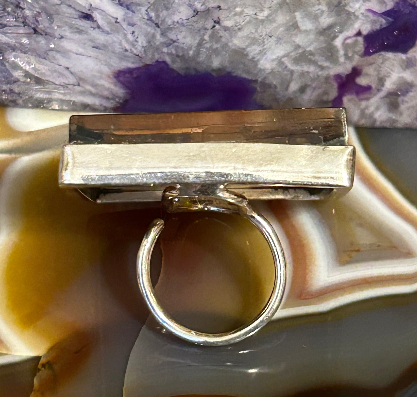 Sterling Silver & Genuine Amber Square Statement Ring • Adjustable