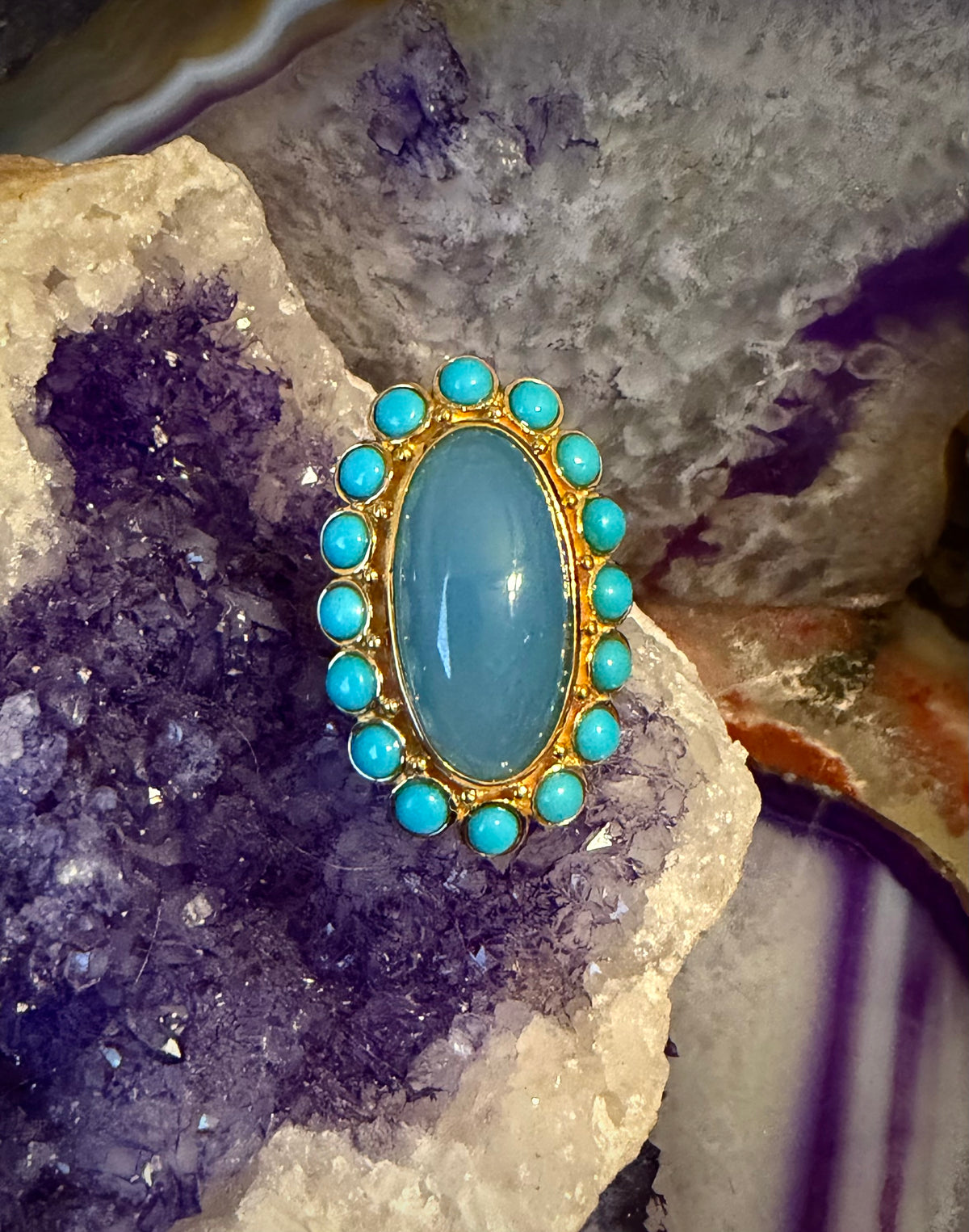 Gold Over Sterling Silver Blue Calcedony & Sonora turquoise Ring Size 7.5