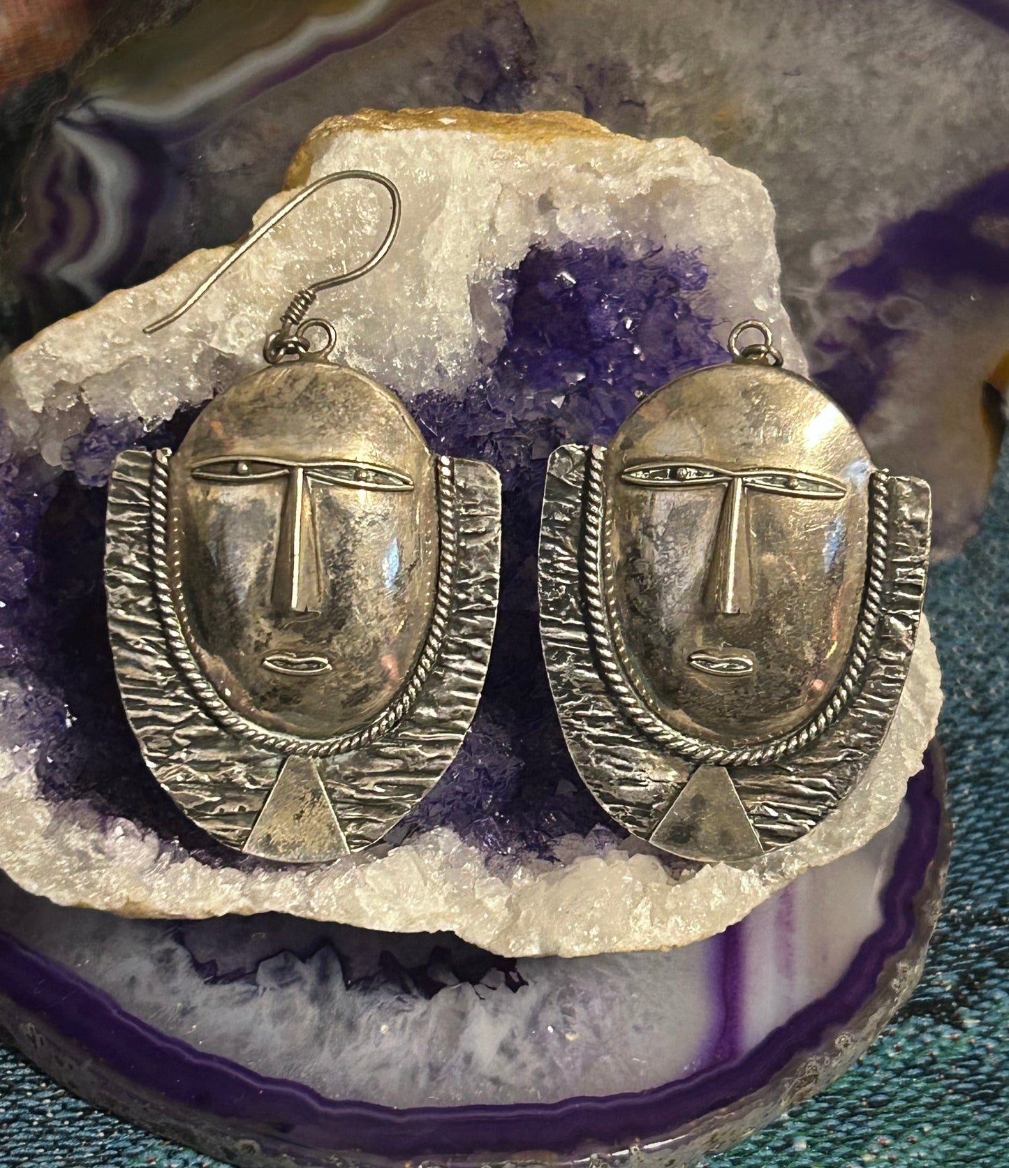 Vintage Estate Sterling Silver Tribal Mask Face Dangle Earrings