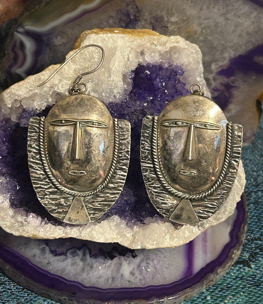 Vintage Estate Sterling Silver Tribal Mask Face Dangle Earrings