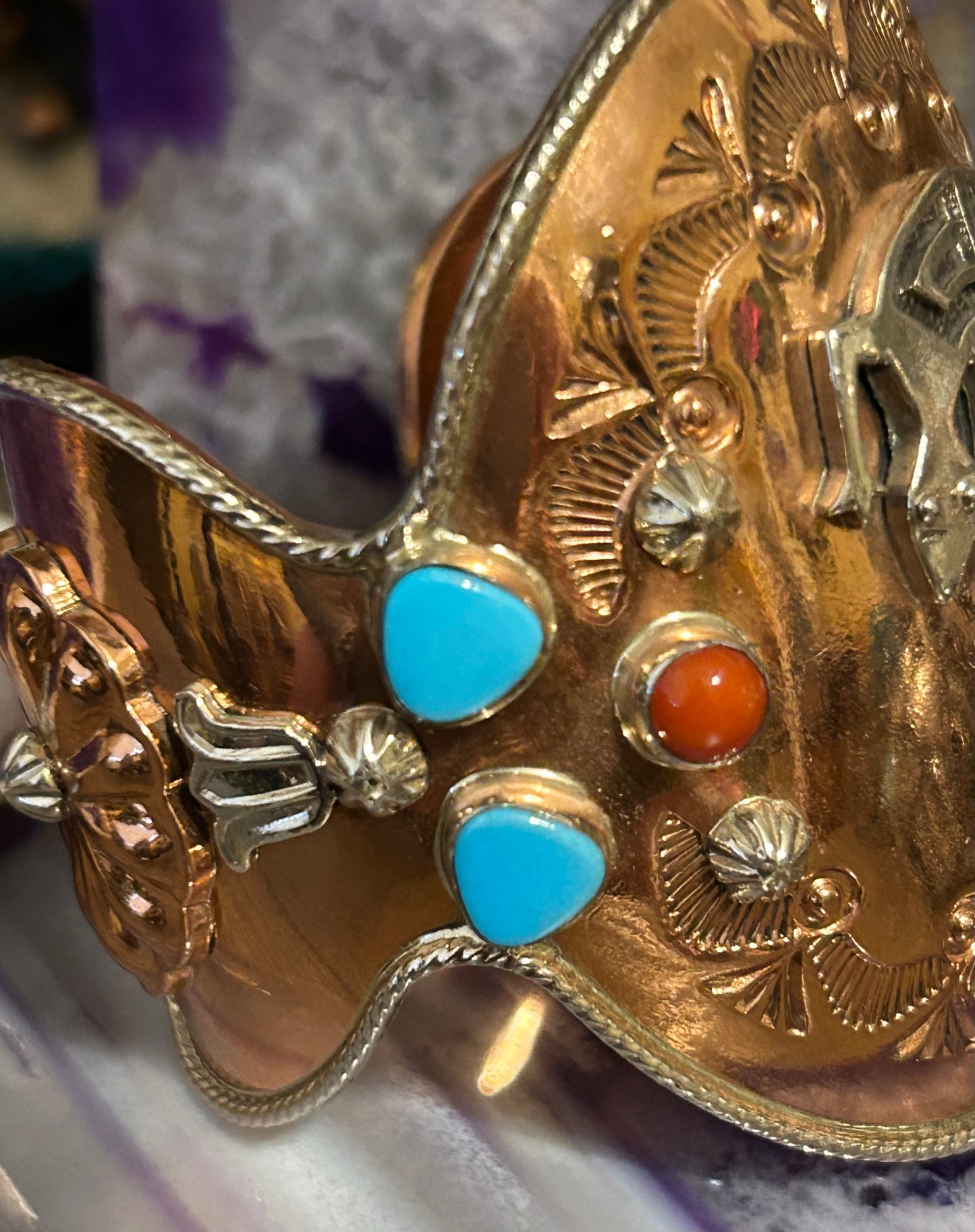 Running Bear Native American Copper & Sterling Silver Gecko/Lizard Cuff Bracelet