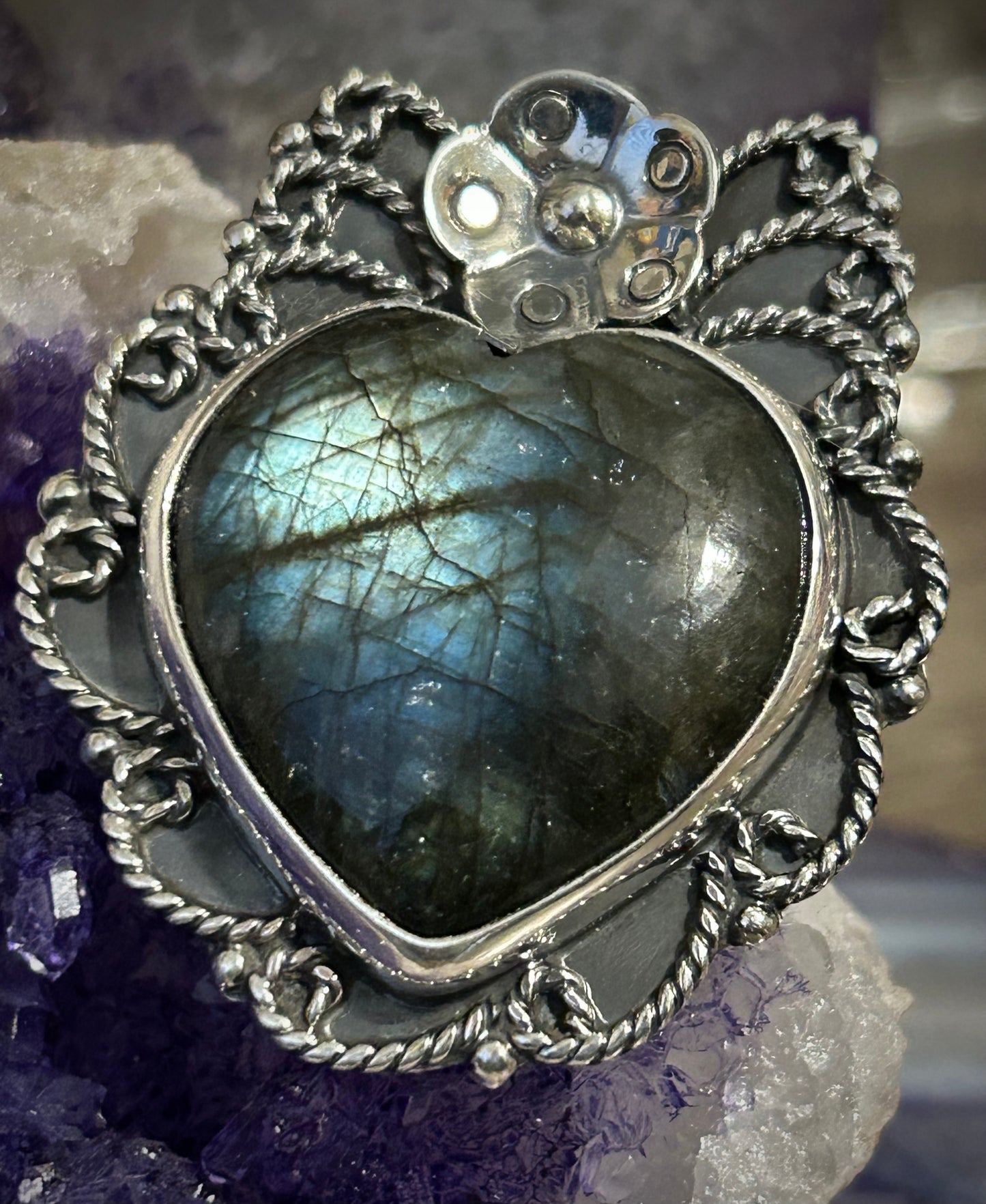 Sterling Silver Taxco Large Labradorite Stone Heart Ring Adjustable