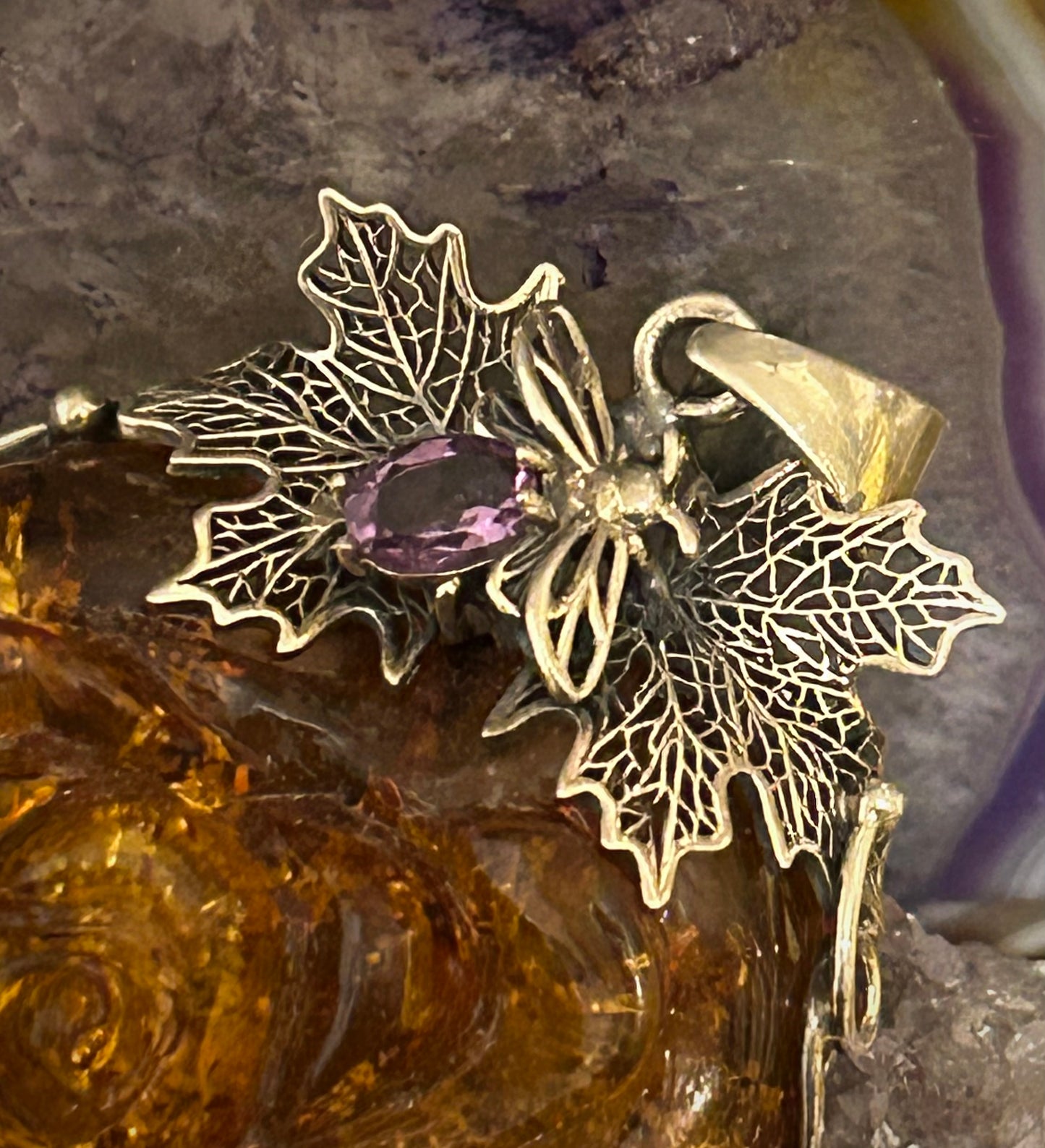 Sterling Silver & Baltic Amber Statement Large Handmade Rose Pendant