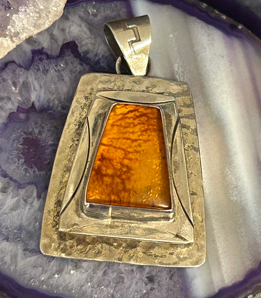 Sterling Silver Native American Baltic Amber Large Pendant Signed OO