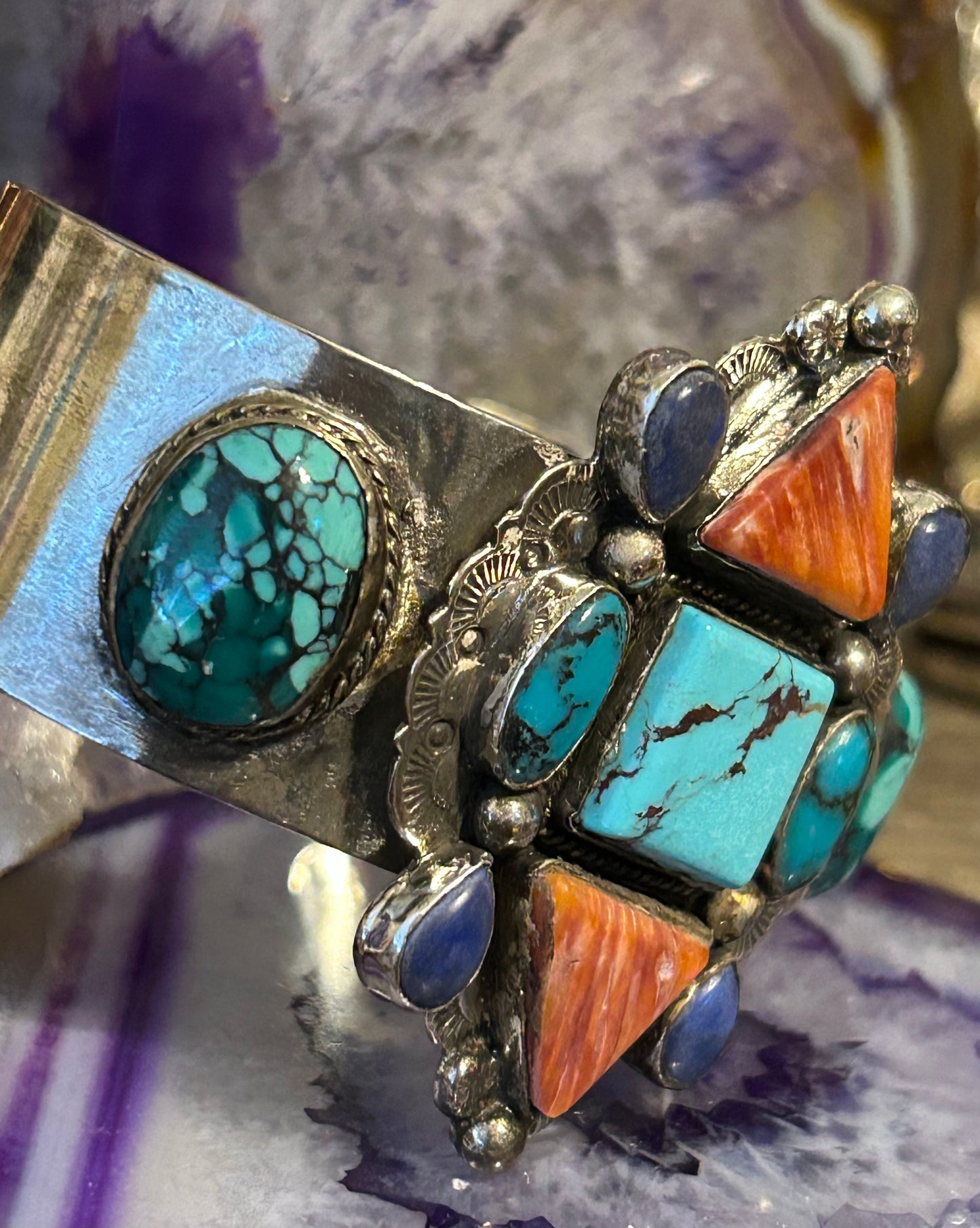 Sterling Silver Handmade Turquoise Spiny Oyster Multi-Stone Large Cuff Bracelet