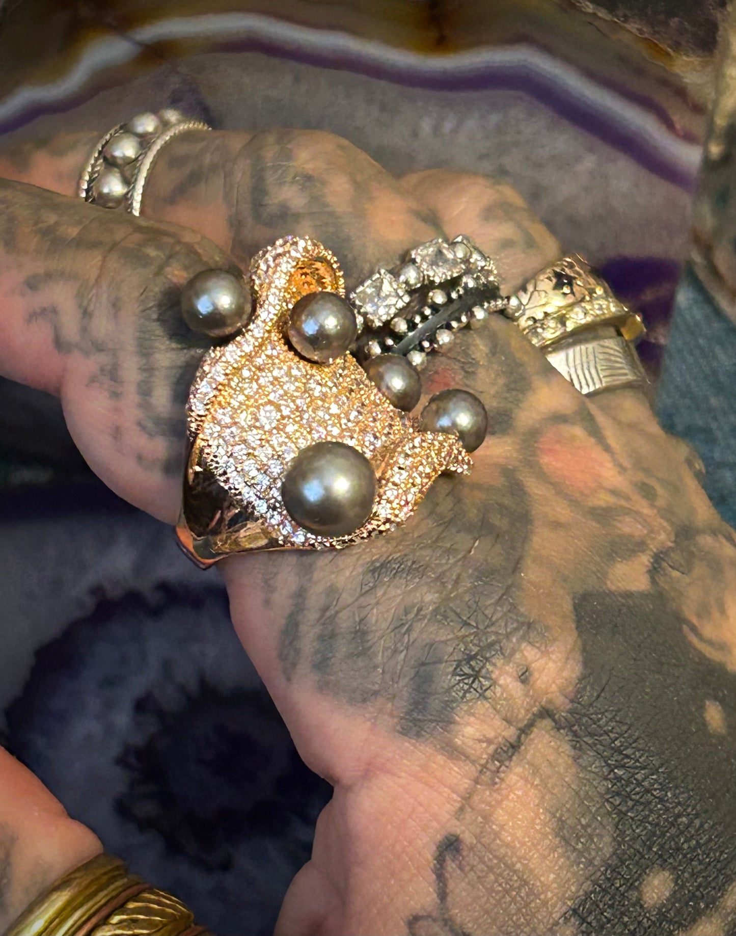 Rose Gold Over Sterling Silver Abstract Ring w/ Tahitian Pearls & Cz Ring Size 7