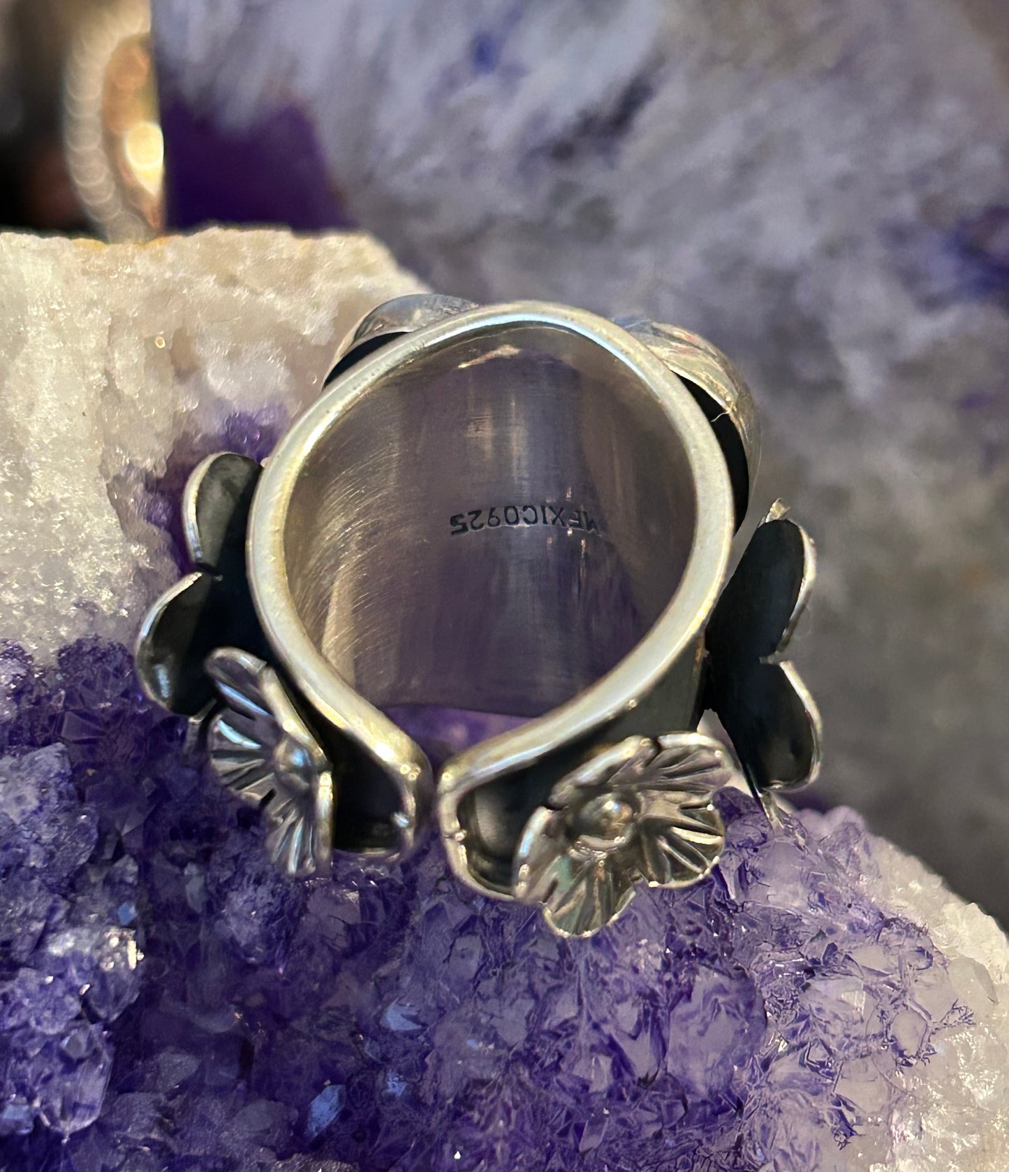 Taxco Mexico Sterling Silver Mother Of Pearl Heart & Flowers Ring Size 7-9