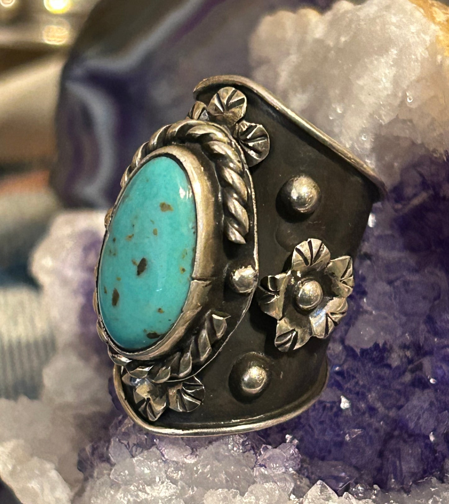 Sterling Silver Taxco Mexico Turquoise & Flowers Wide Band Statement Ring Sz 7.5
