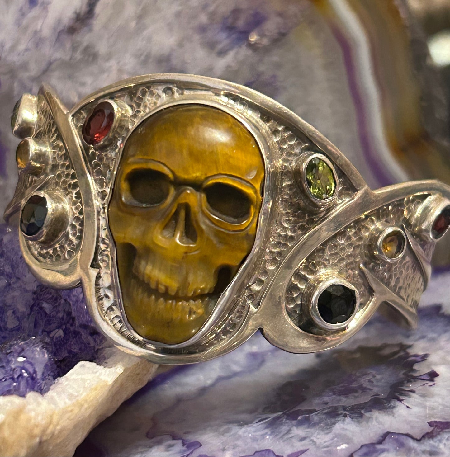 Sterling Silver, Tiger Eye, Multi-Stone Skull Cuff Bracelet