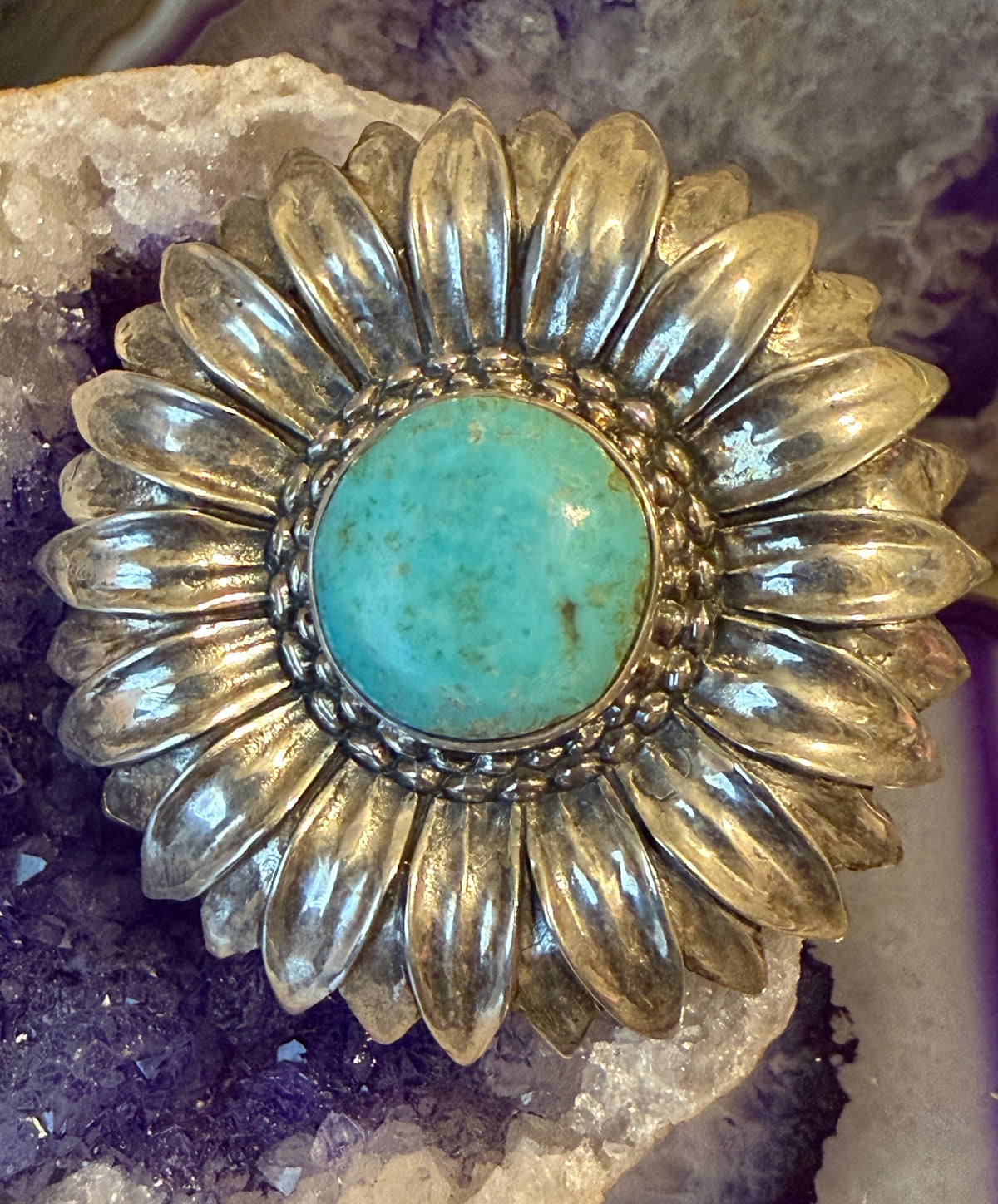 Designer SOM’S Sterling Silver Large Sunflower & Turquoise Statement Ring