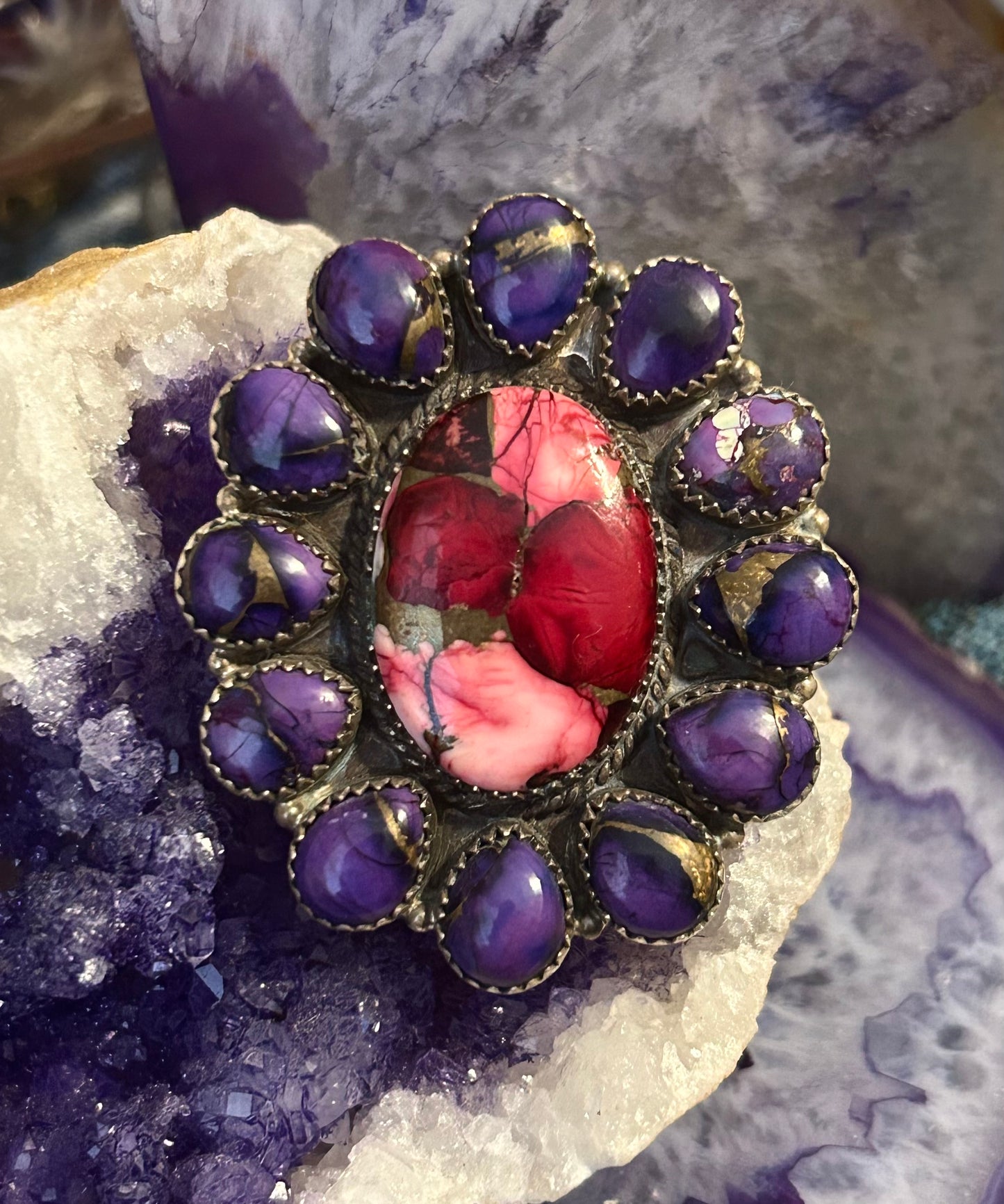 Sterling Silver Southwestern Large Rose Dahlia & Violet Dahlia Adjustable Ring