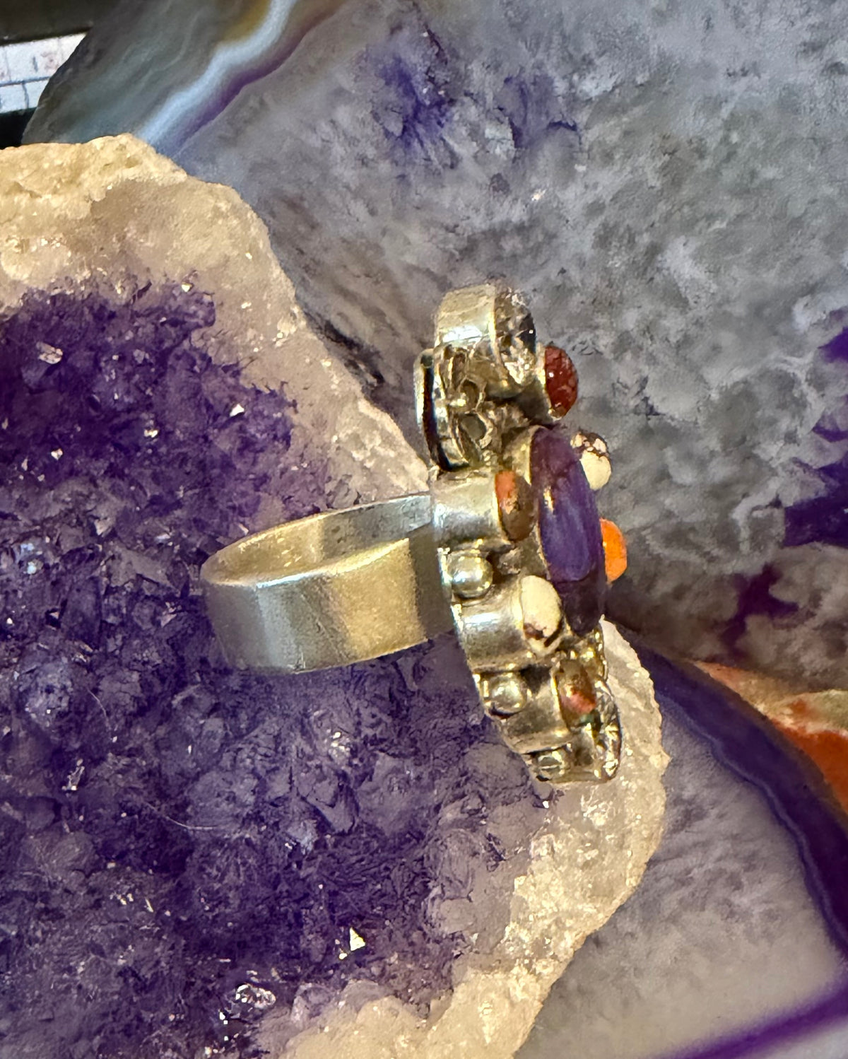 Sterling Silver Southwestern Purple Mojave, Cz, And Spiny Oyster Adjustable Ring
