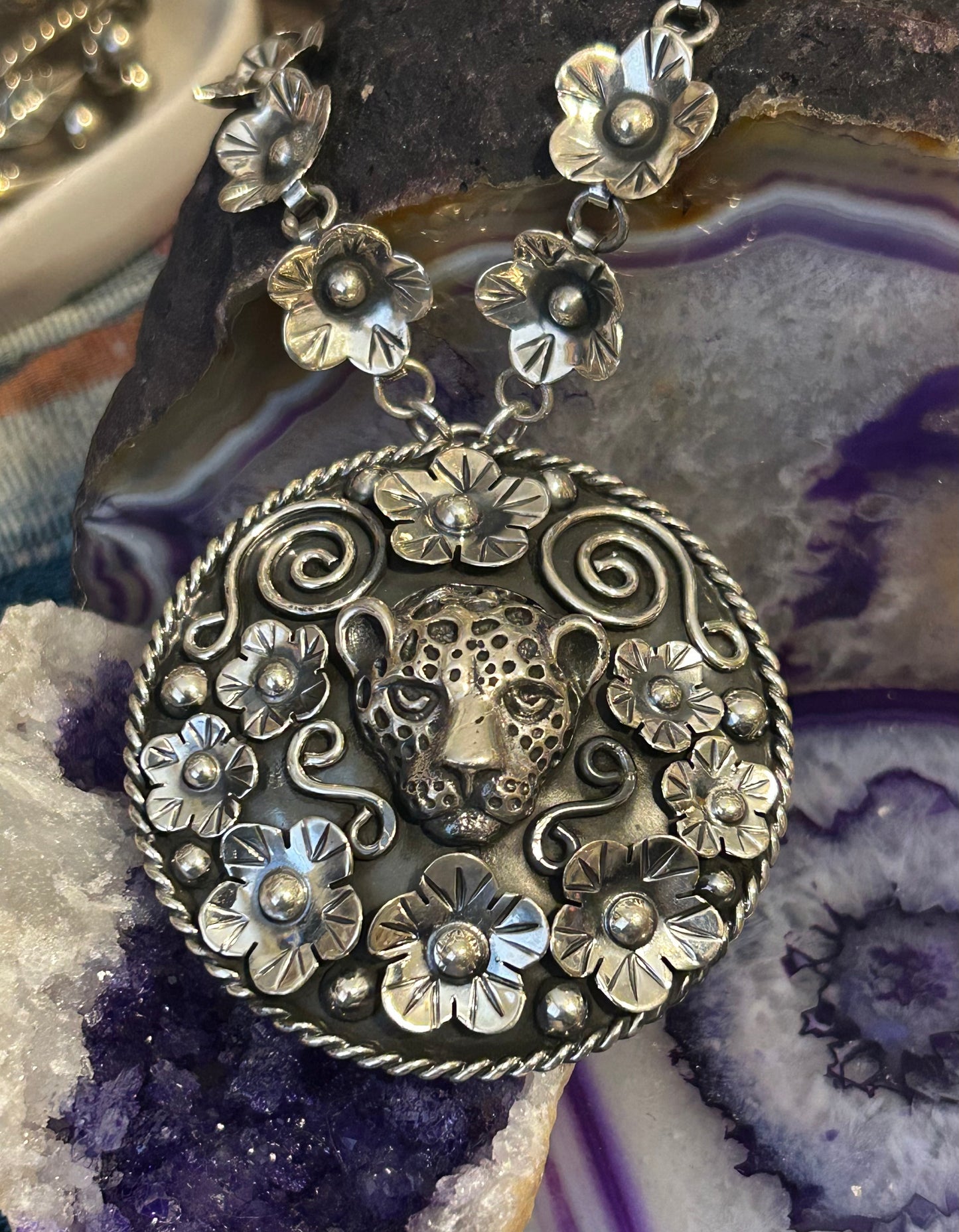 Sterling Silver Taxco Mexico Jaguar & Flowers Statement Pendant Necklace