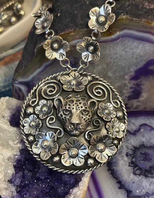 Sterling Silver Taxco Mexico Jaguar & Flowers Statement Pendant Necklace