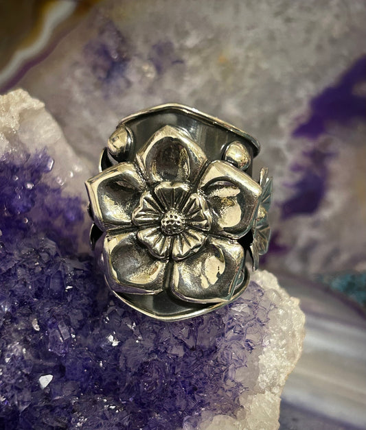 950 Silver Taxco Mexico Large Flowers Wide Band Ring Sz 7-8.5