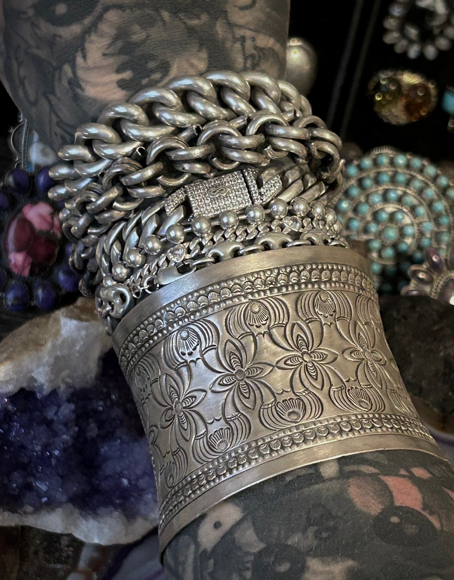 Vintage Sterling Silver Ornate Wide Cuff Bracelet