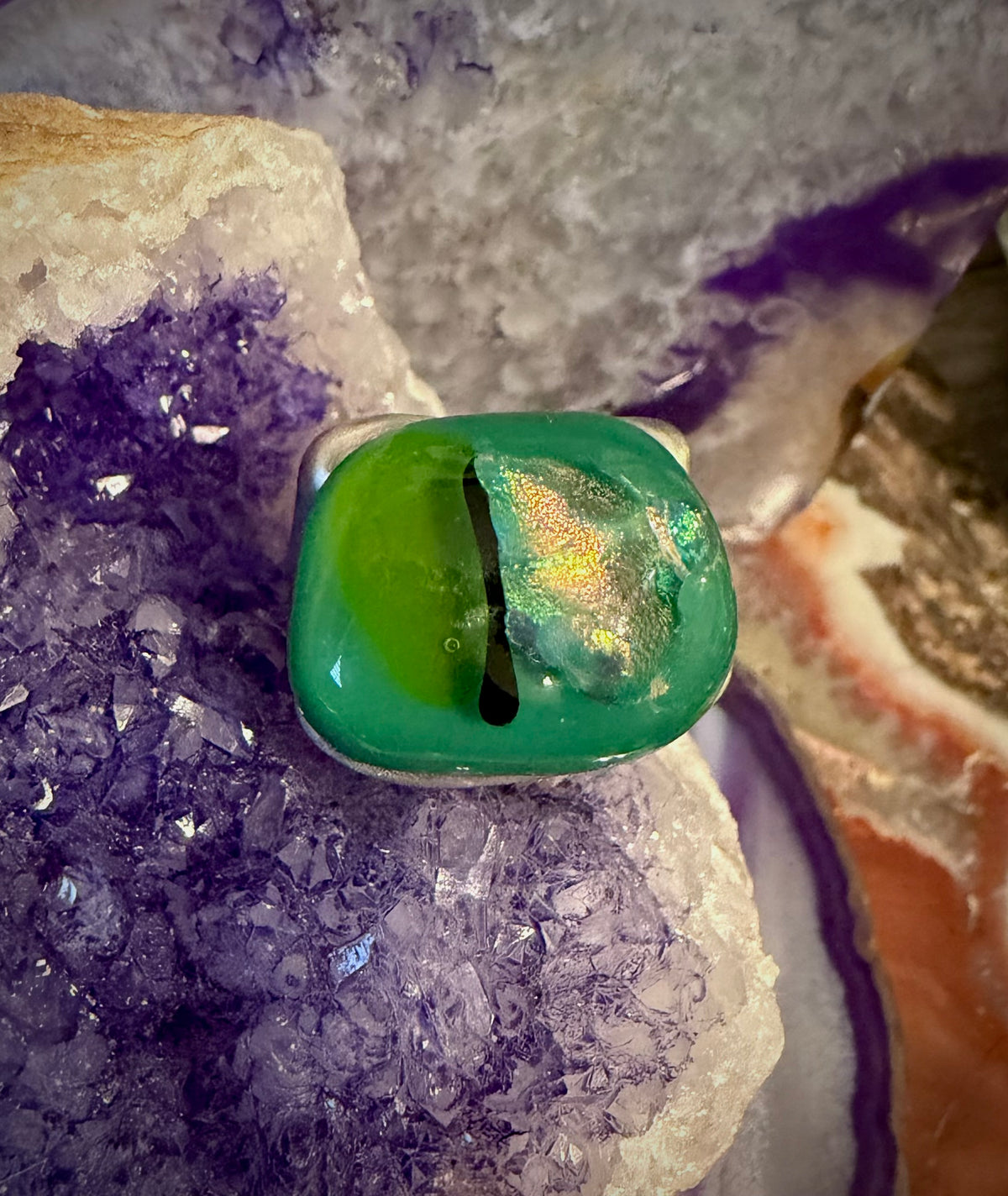 Vintage Estate Sterling Silver Dichroic Glass Dragon Eye Looking Ring Sz 6